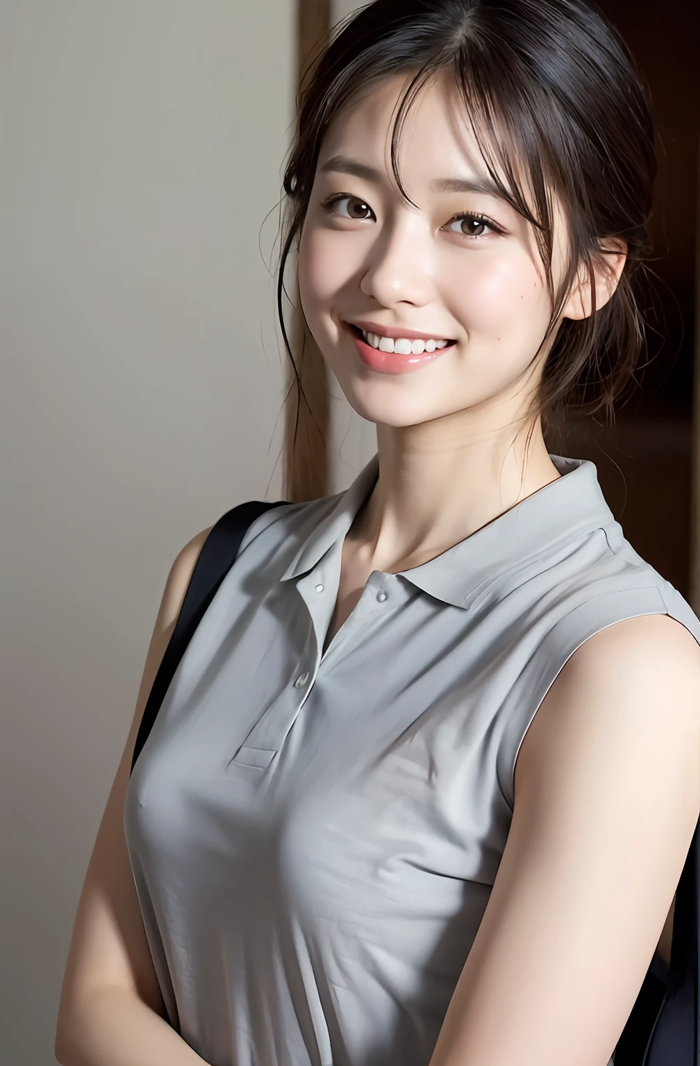 ((8K:1.27)、top-quality、masterpiece、超A high resolution:1.2)Photo Beautiful Japan woman (pleasing:1.1) (Grey polo shirt clothes:1.21) Design by Gregg Lutkowski and Alphonse Mucha Intricate Elegance、Fantasia、detaileds、Geometry、Gradient lighting、1girl in、26 year old、Delicate skin、looking at the spectator、Brown-eyed、(short flaxen hair:1.2)、(tiny chest:1.0)、(medium areola:0.8)、(Photorealsitic:1.4)、(top-quality:1.0)、(超A high resolution:1.0)、(without hands:1.0)、8K、Raw photography、 (Representative songs: 0.2), (pureerosface_v1:0.5)、Tight clothes、tote bags、Sleeveless、、short sleeves、see -through、Laugh、a necklace、Linen material、The shirt、Ginza 4-chome、After work、early evening、Business Fashion、Parted bangs、Hair is tied up、Gentle smile、(cowboy shot)、Turn your buttocks、big butts、The bust is very small、With collar、polo shirts、full bodyesbian、Angle from the side、
