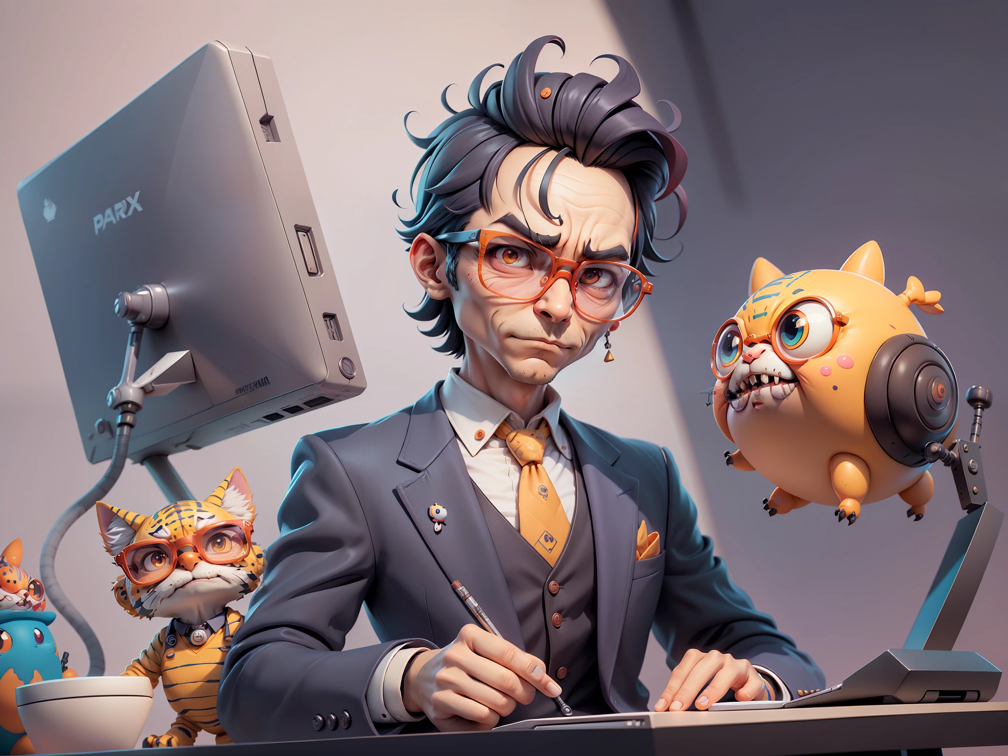 A young man in a suit, Short hair and glasses sat at his desk，holding laptop，digitial painting，tigre，3D character design by Mark Clairen and Pixar and Hayao Miyazaki and Akira Toriyama，4K HD illustration，Very detailed facial features and cartoon-style visuals。