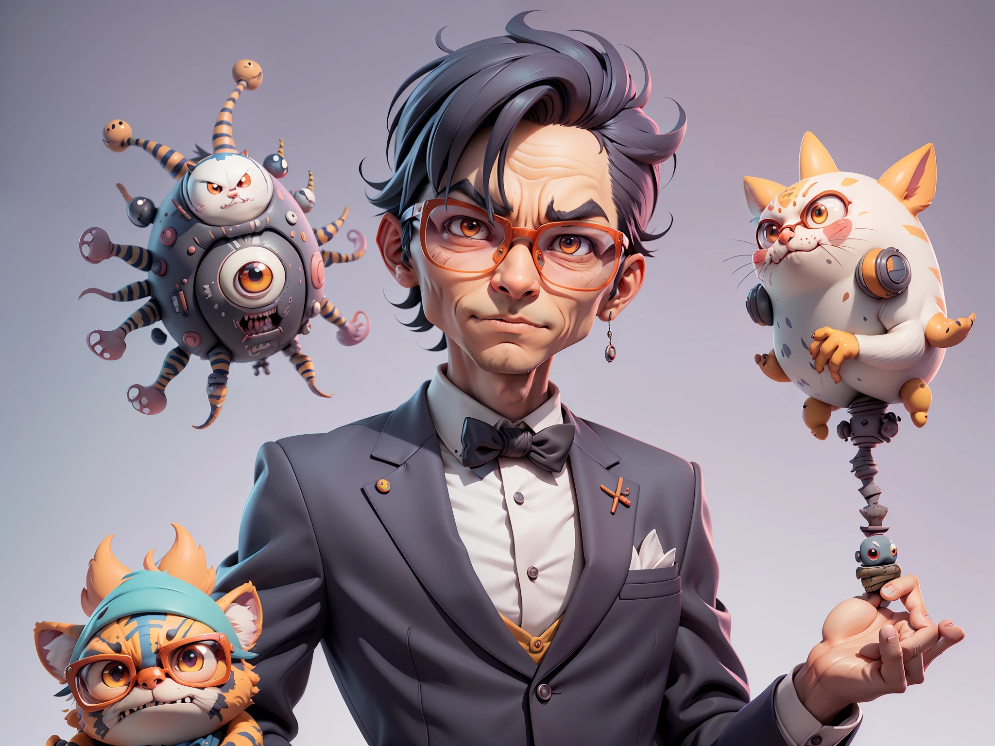 A young man in a suit, Short hair and glasses sat at his desk，holding laptop，digitial painting，tigre，3D character design by Mark Clairen and Pixar and Hayao Miyazaki and Akira Toriyama，4K HD illustration，Very detailed facial features and cartoon-style visuals。