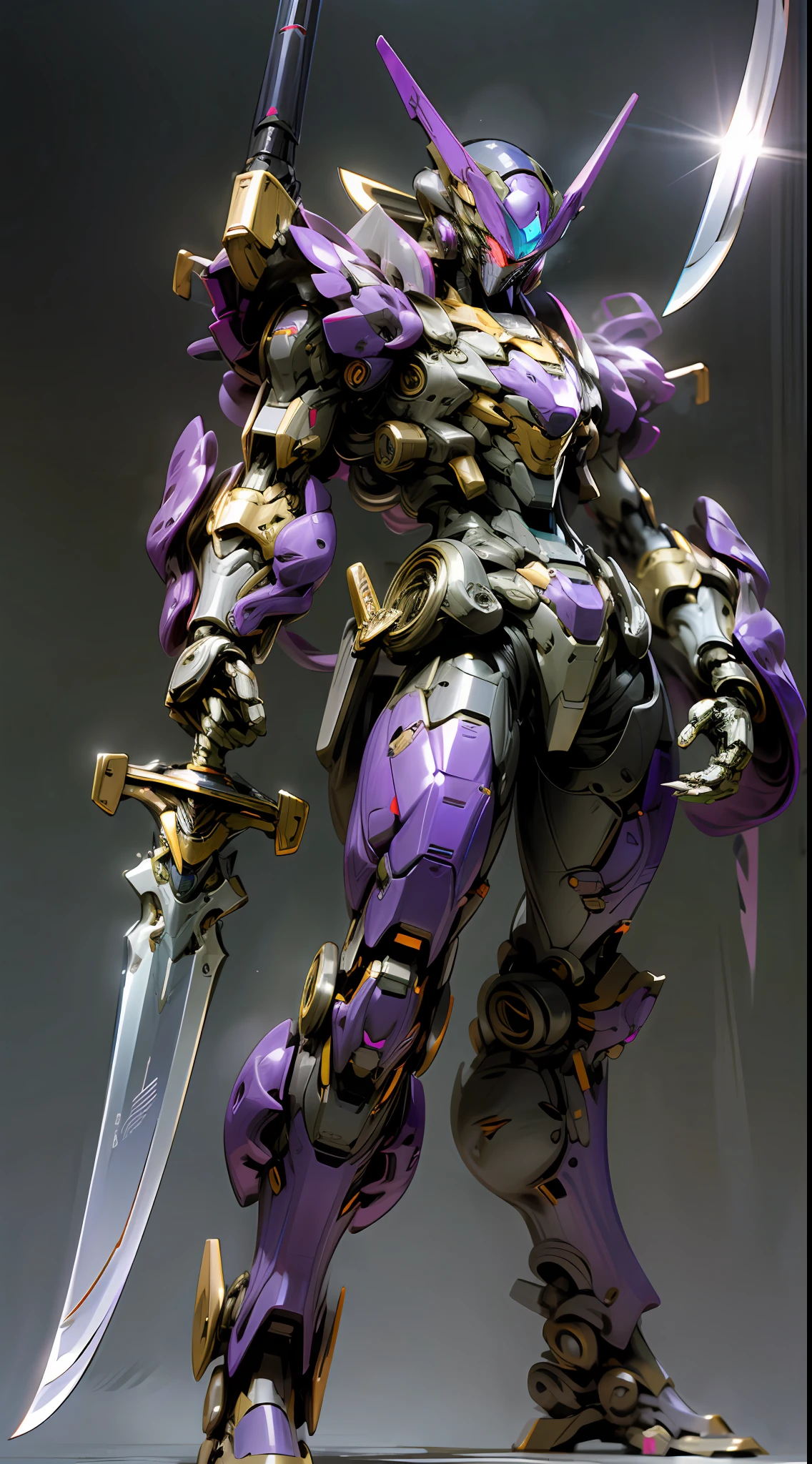 Raw foto,Dark_Fantasy, Cyberpunk, (Big Revolver, Sword Man, Violet: 1.1), 1man, Mechanical Wonder, Robotic Presence, Cybernetic Guardian, purple, cobra Gundam, extremely high detailed, half-body,