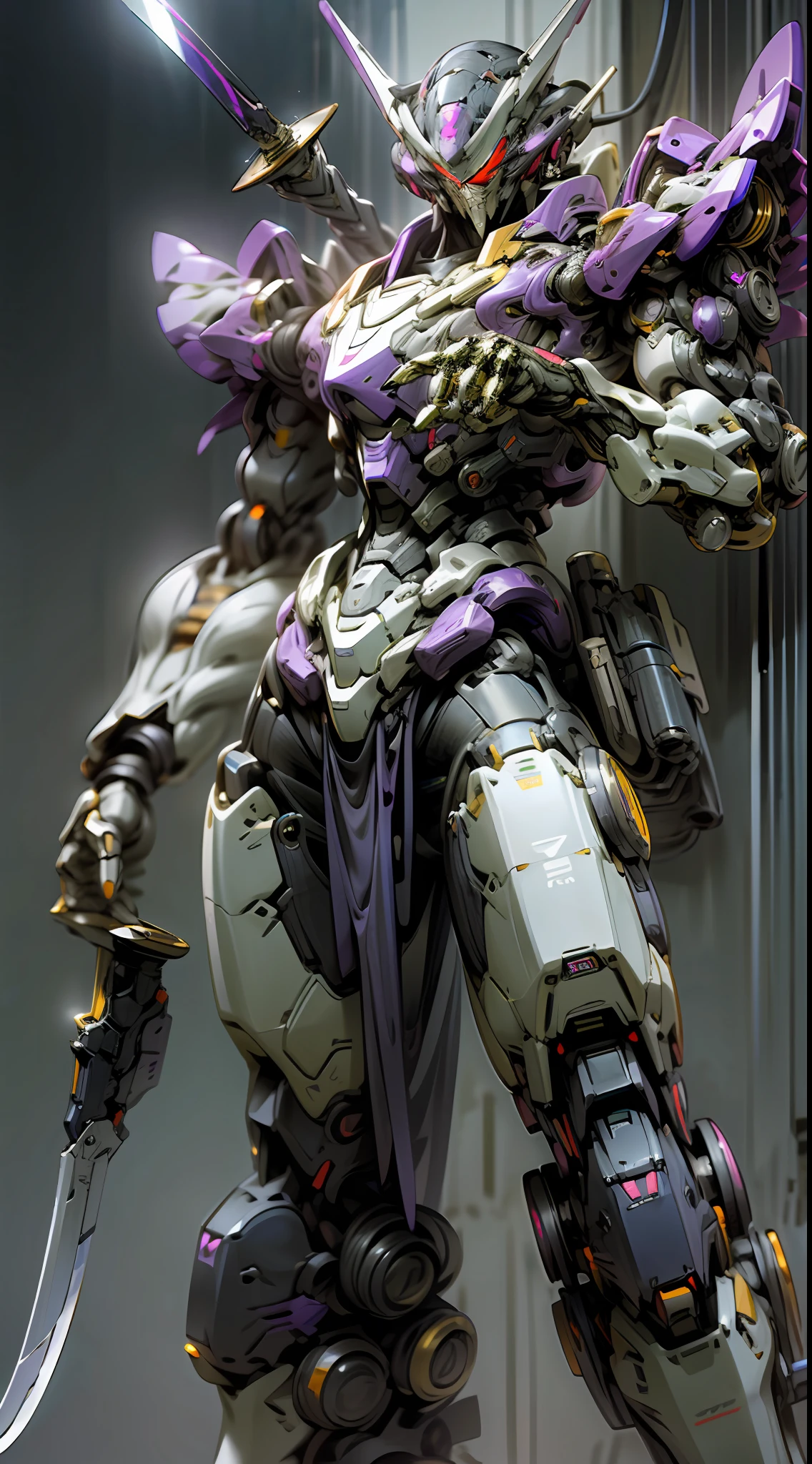 Raw foto,Dark_Fantasy, Cyberpunk, (Big Revolver, Sword Man, Violet: 1.1), 1man, Mechanical Wonder, Robotic Presence, Cybernetic Guardian, purple, cobra Gundam, extremely high detailed, half-body,