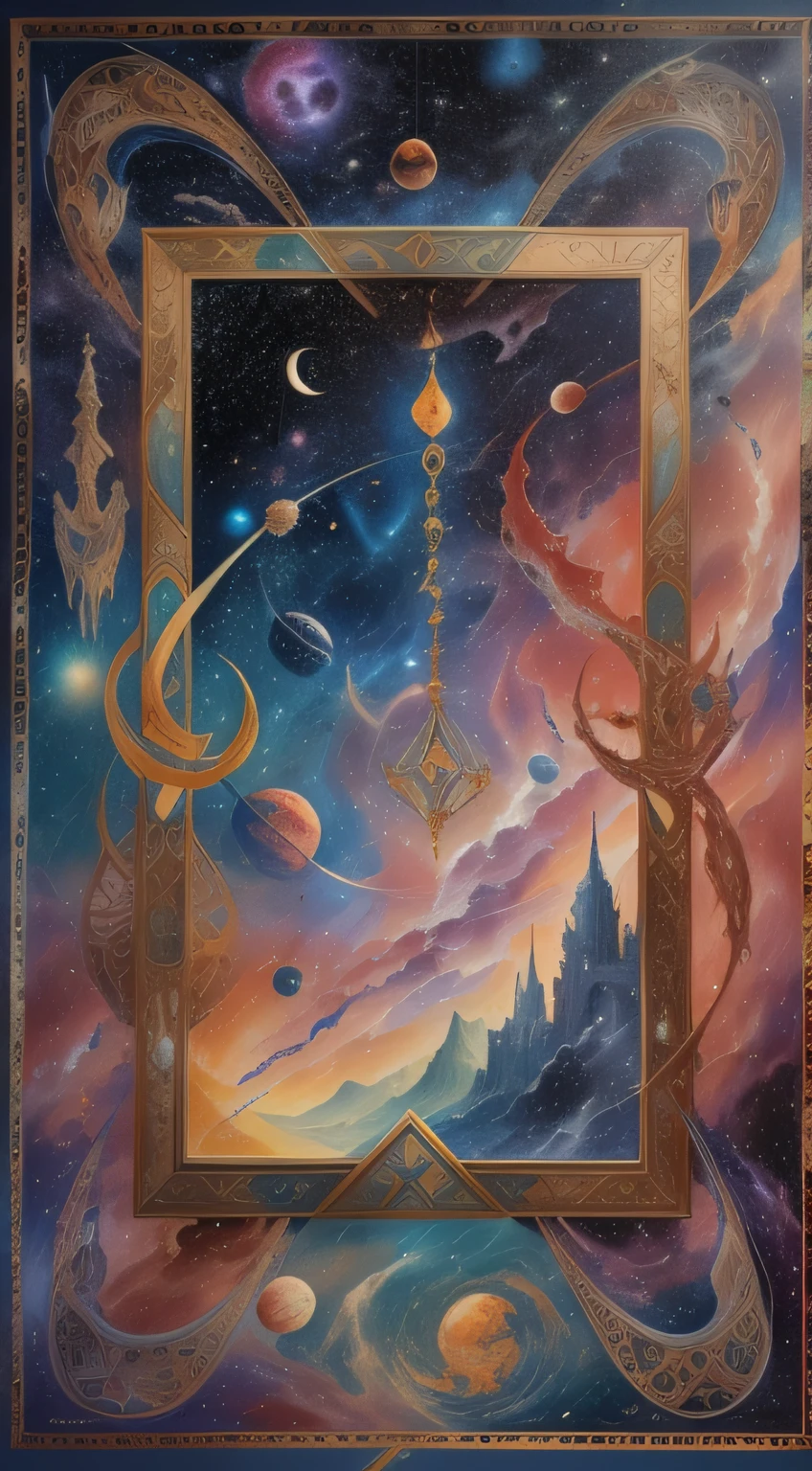 rune "Overcoming the boundaries of space". Magnificent in the style of an otherworldly ancient night and universal stars with stunning details. painted with liquid dripping oil paints. Every detail is worked out perfectly and flawlessly. I admire this work of art every second.