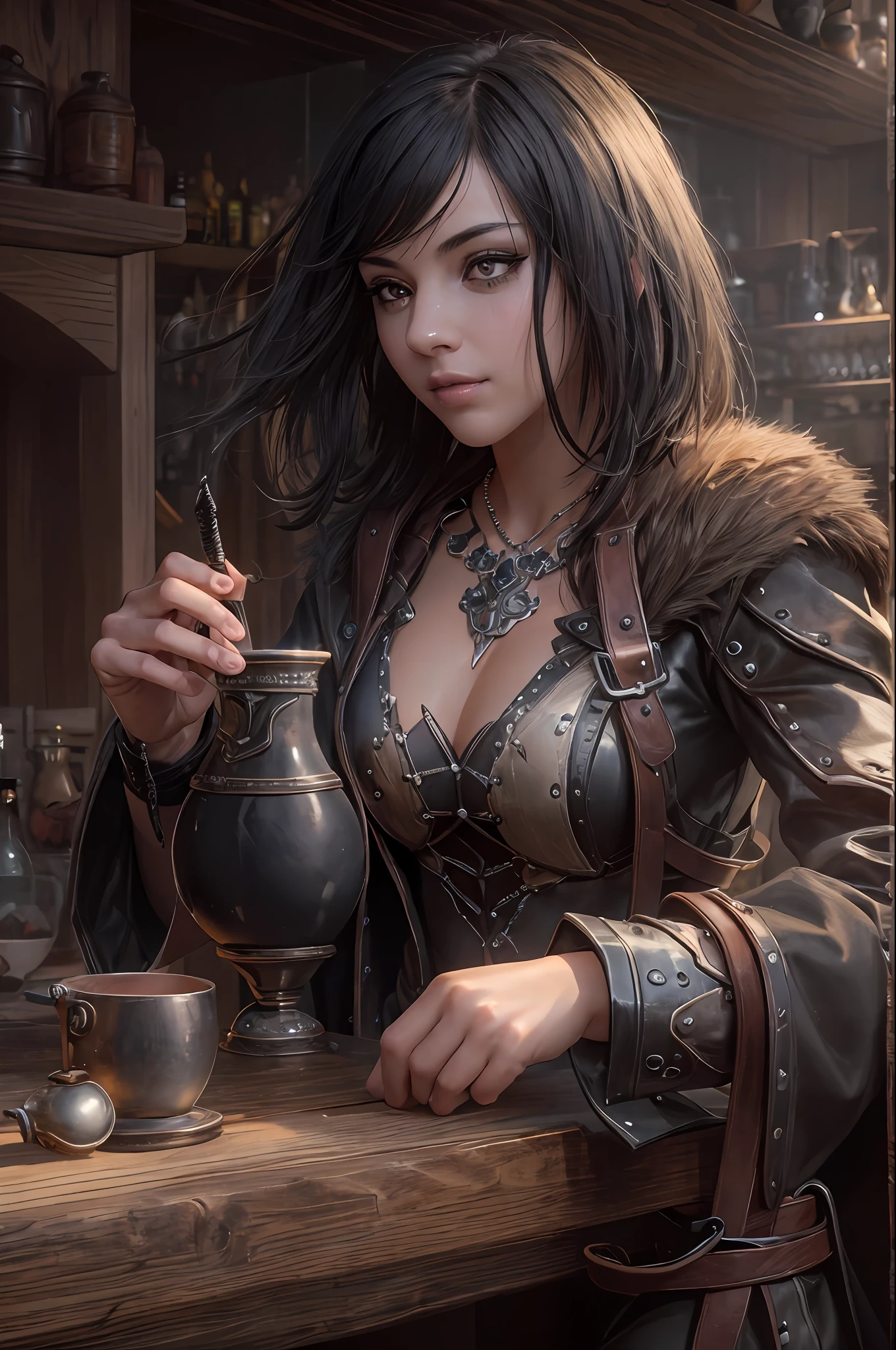 (skindentation:1.5), realistic, photorealistic, (masterpiece:1.5), concept art, intricate details, highly detailed, octane render, 8k, unreal engine, dynamic pose, best quality, highres, ((dramatic)), epic, depth of field, 8k, particles, (realistic face:1.1, hyperrealistic:1.1), ((1girl, close-up, medium breasts, perfect eyes, detailed eyes, high quality eyes, perfect_face, high quality face, shiny skin:1.2, shiny face:1.2, embarrassed, blush:0.8)), server, rustic tavern interior in background, pitcher, sign, jovial fantasy atmosphere, detailed background, blurry wooden bar table as foreground, (((black hair, black eyes, perfect hands))), ((thief, rogue, dagger, short sword, picking locks, disarming traps, leather cloth, padded cloth, belt, pouch, boots, cloak, rope, poison, amulet))