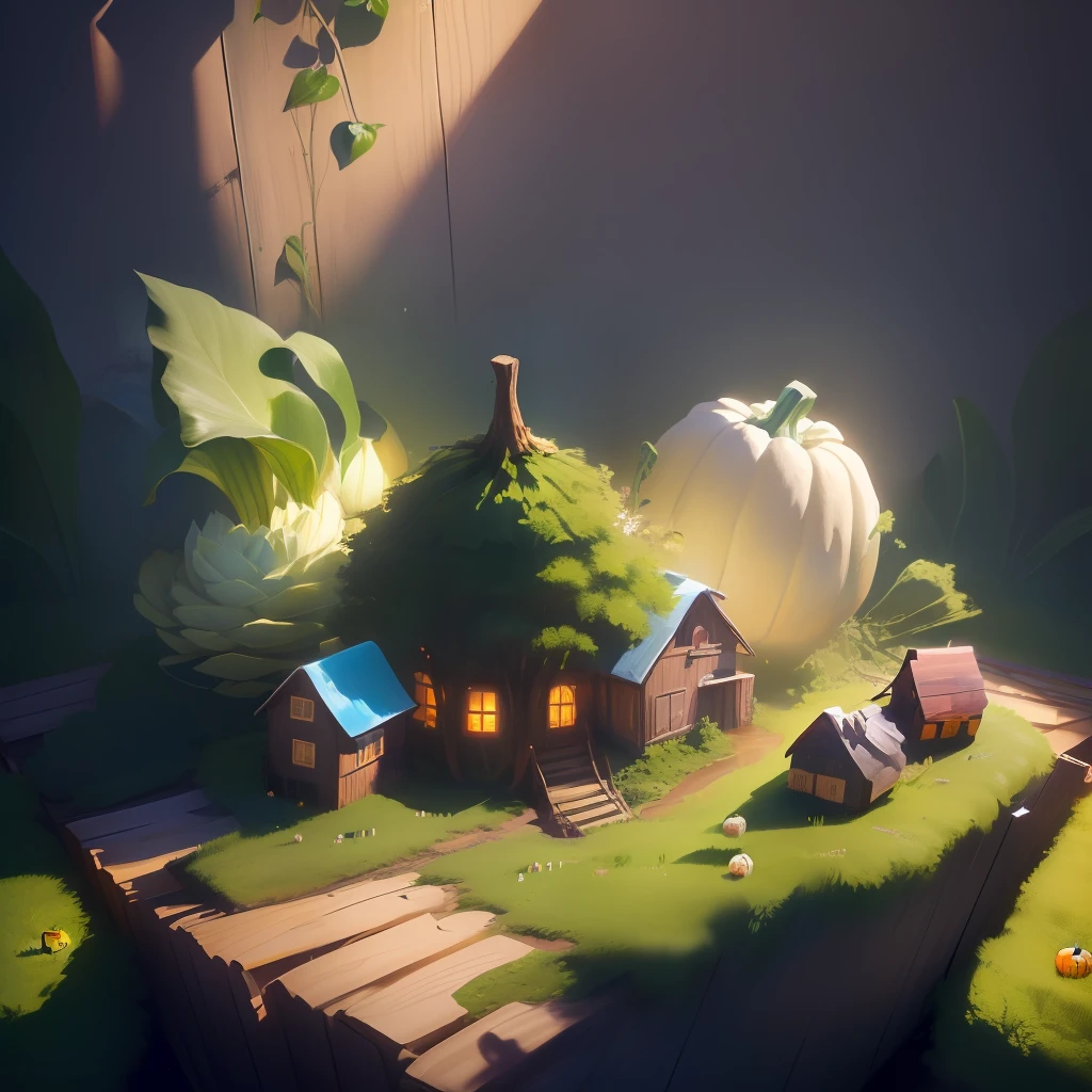 A box of gold ingots next to the landlord,A bunch of pumpkins next to the farmer,floods,Sit on the roof,