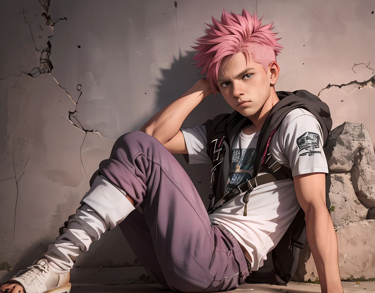 pink hair 15-year-old teenager serious and thoughtful man , tiene cabello rosado oscuro ojos  rojos, esta en el antiguo egipto se ven piramides y palacios3d, 1child,