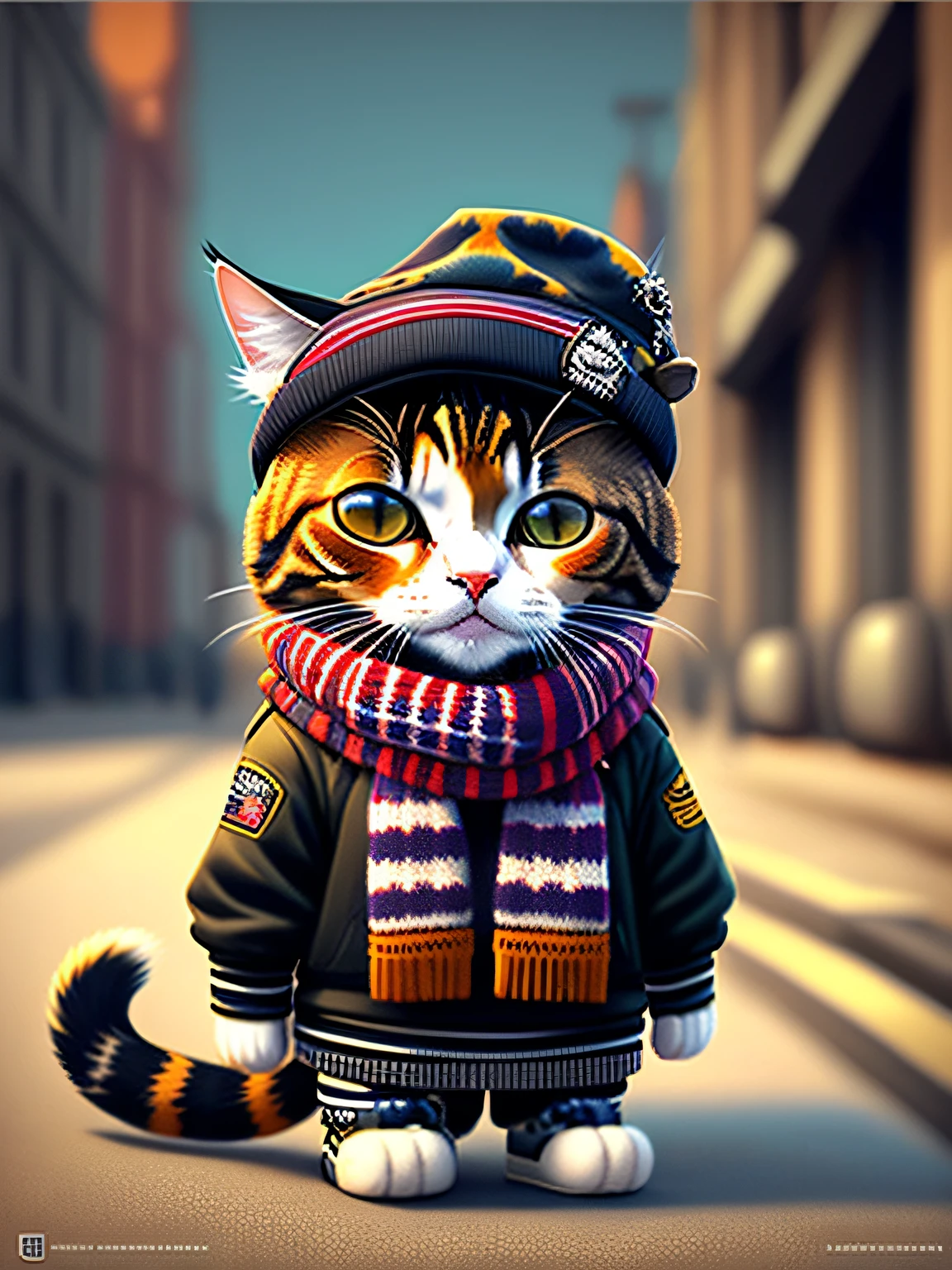 a painting of a cat wearing a hat and scarf, trend in art station, dressed in punk clothing, hyper realistic detailed render, british gang member, urban style, intimidating pose, planet of the cats, trendy clothes, urban samurai, meow, west slav features, 8 1 5