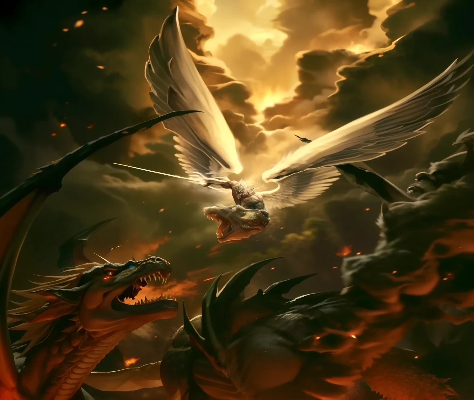 Dragao enfurecido atacando um homem de asas, Figura celeste, warrior angel attacking the Dragon