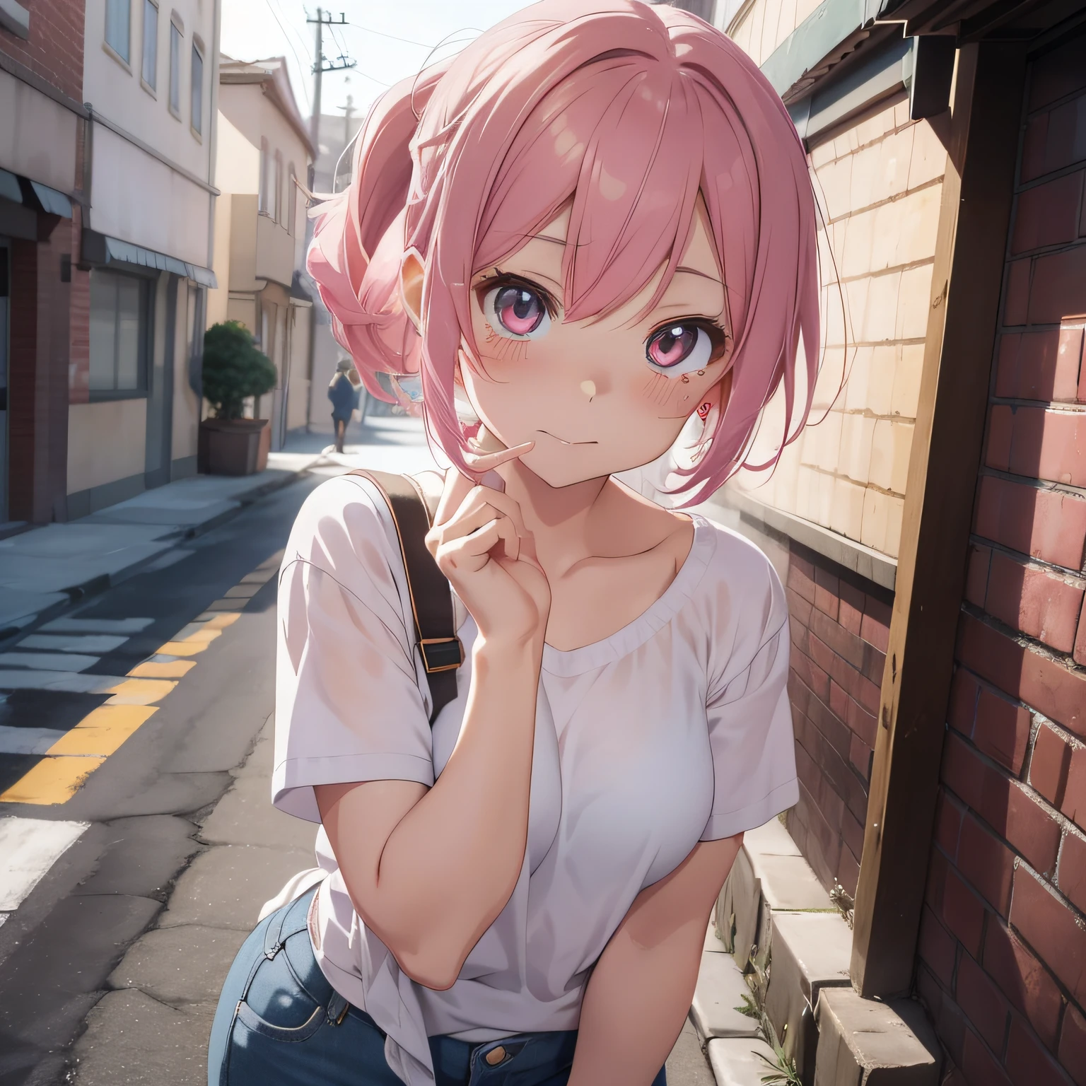 Anime girl with short hair and jeans shorts posing for camera, Kantai Collection Style, anime moe art style, Casual pose, High quality anime art style, Anime style. 8K, photorealistic anime girl render, made with anime painter studio, artwork in the style of guweiz, realistic anime 3 d style, anime styled 3d　Soio　Pink hair color child　Low ponytail　white  clothes　Has a sad face　covering with hands、crying how bright　sad Facial expression　Swollen eyes　lamentation　I'm crying　Soio　lamentation　is crying　mournful