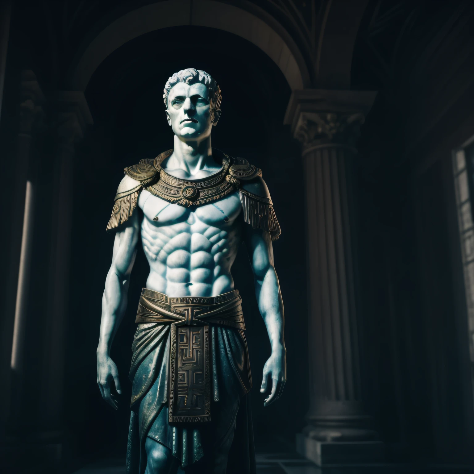 A realistic full-length Greek white marble statue of Zeno of Citium wearing a ghostly toga, fundo neutro, Moody, , fotorrealista, cinematographic scene, super detalhada, hiper realista, luzes brilhantes, NEON AO FUNDO 8 K