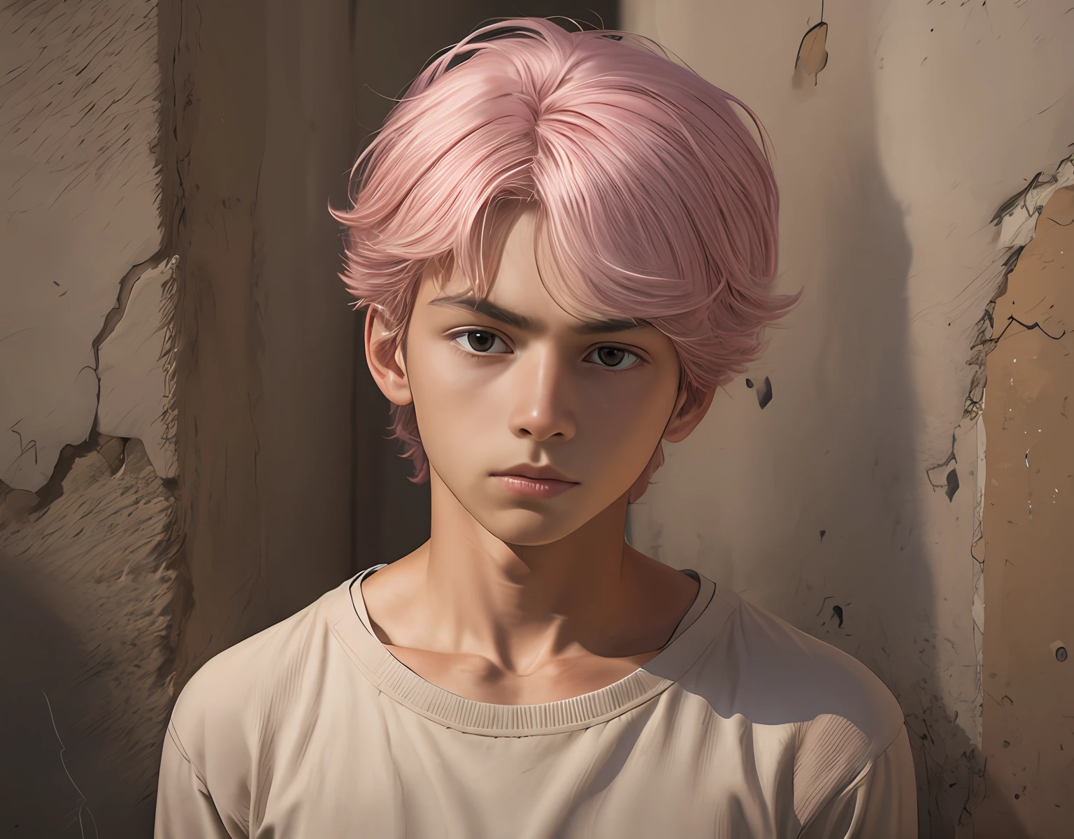 pink hair 15-year-old teenager serious and thoughtful man , tiene cabello rosado oscuro ojos rojos, esta en el antiguo egipto se ven piramides y palacios3d, 1child,