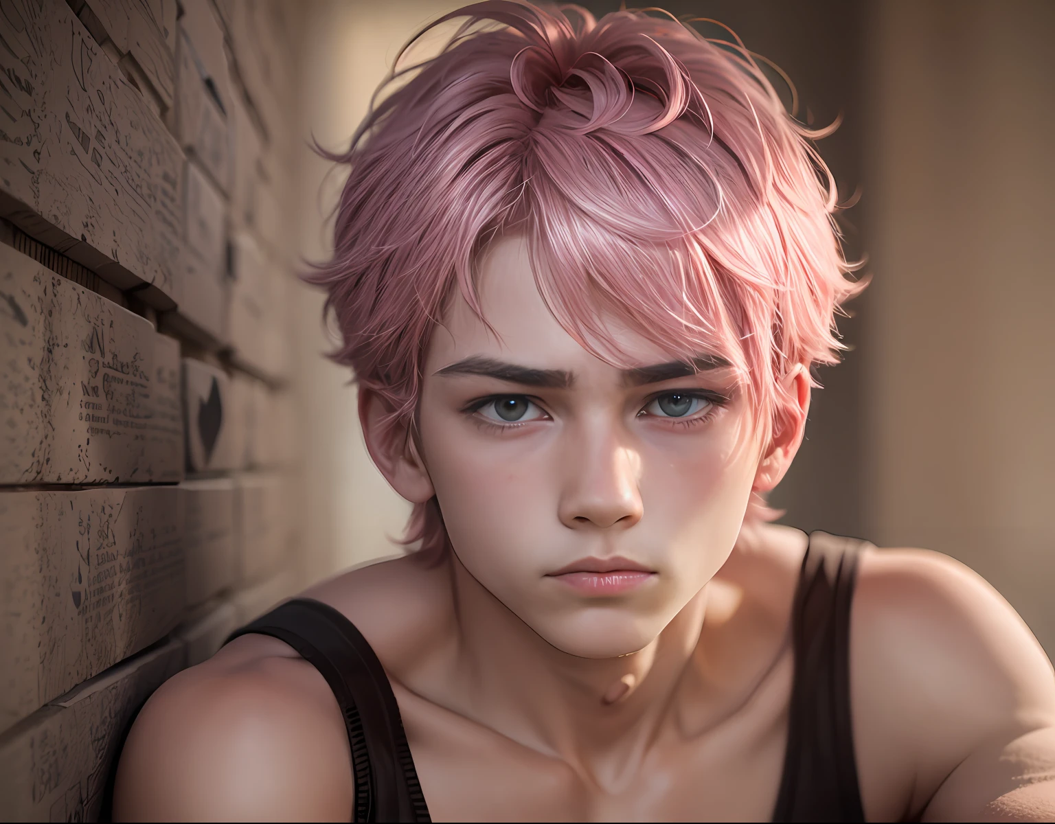 pink hair -yeld teus and thoughtful man , tiene cabello rosado oscuro ojos  rojos, esta en el antiguo egipto se ven piramides y palacios3d, 1child,