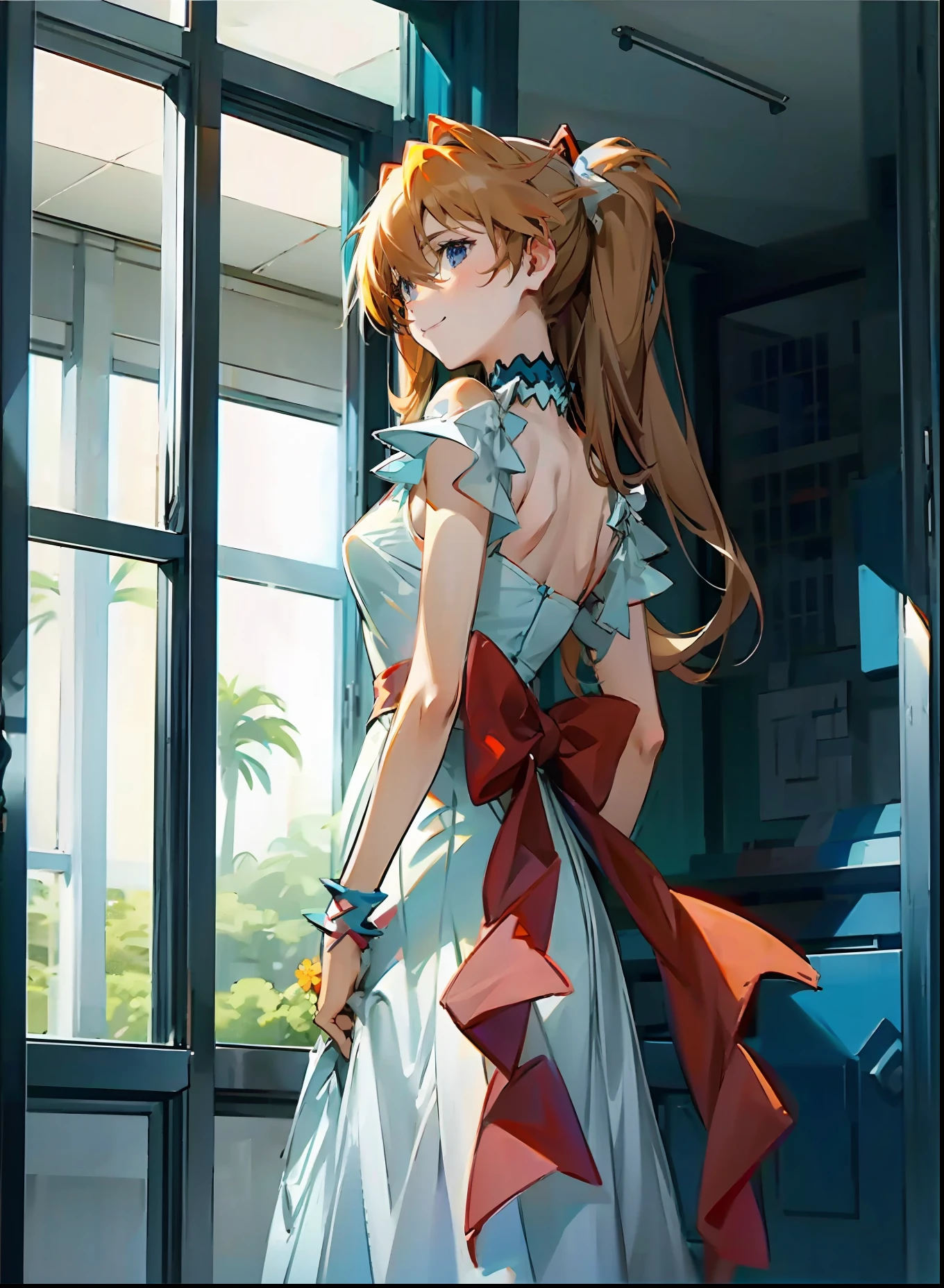 asuka，In front of the window，standing on your feet，White dress(Dress color:white colors)，Flowers in hand，Close-up，Bust photo，ssmile