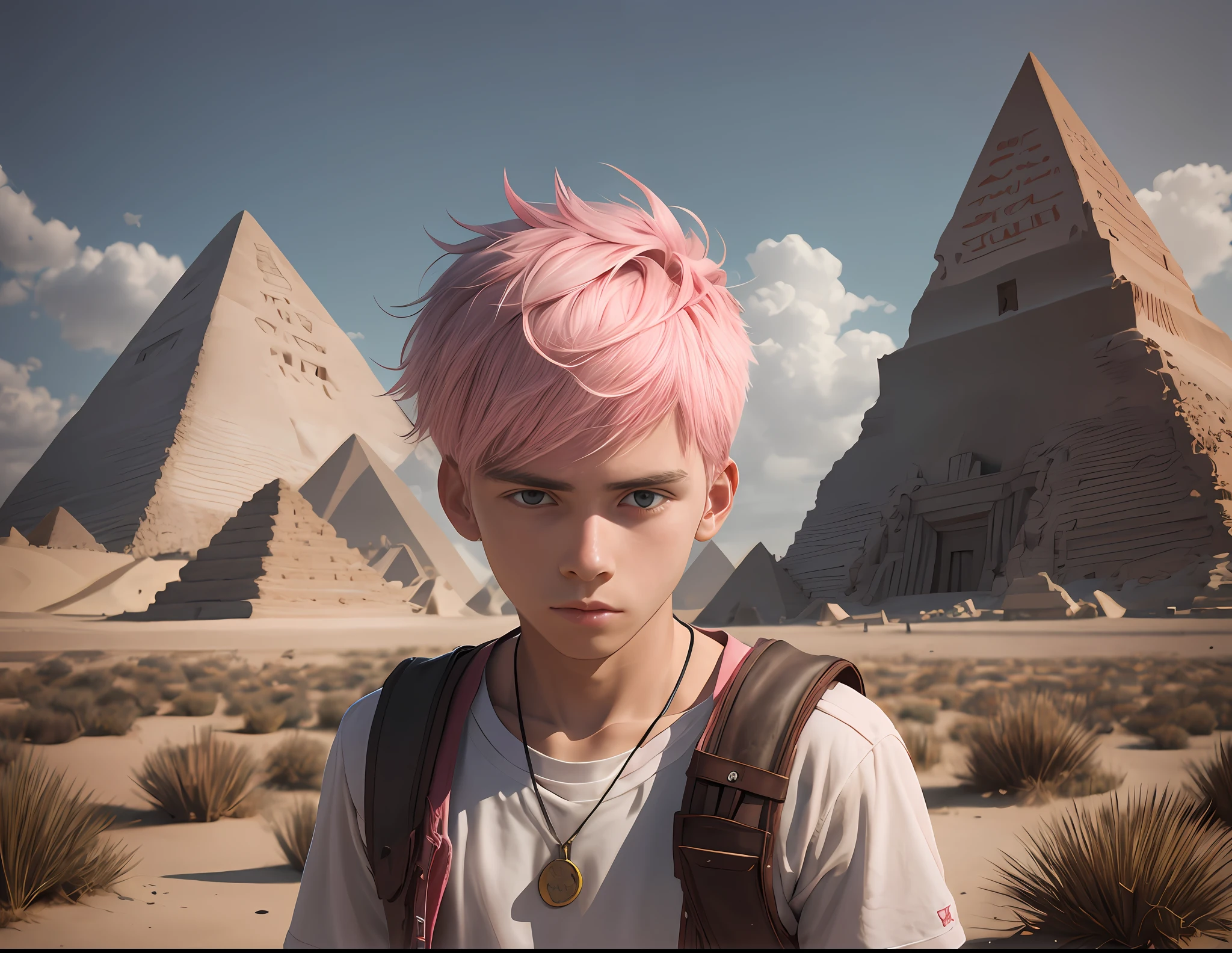 pink hair 15-year-old teenager serious and thoughtful man , tiene cabello rosado oscuro ojos  rojos, esta en el antiguo egipto se ven piramides y palacios3d, 1child,