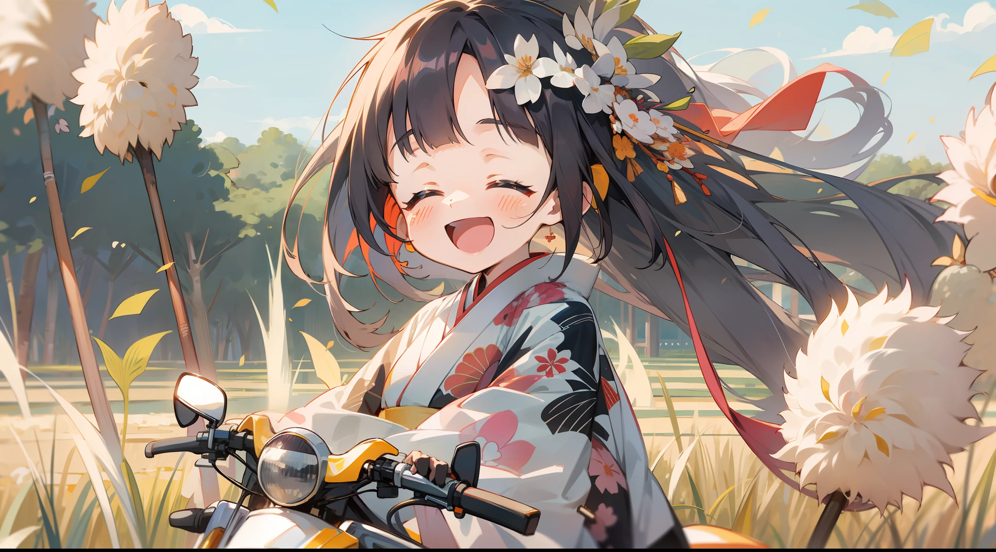 Kaguya in a kimono, A smile, kawaii, accessorized, Girl riding motorcycle on summer rice field road