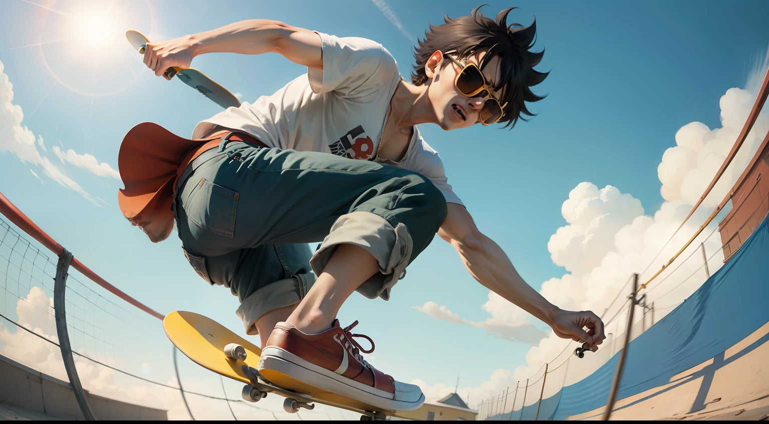 Luffy skateboarding in sunglasses