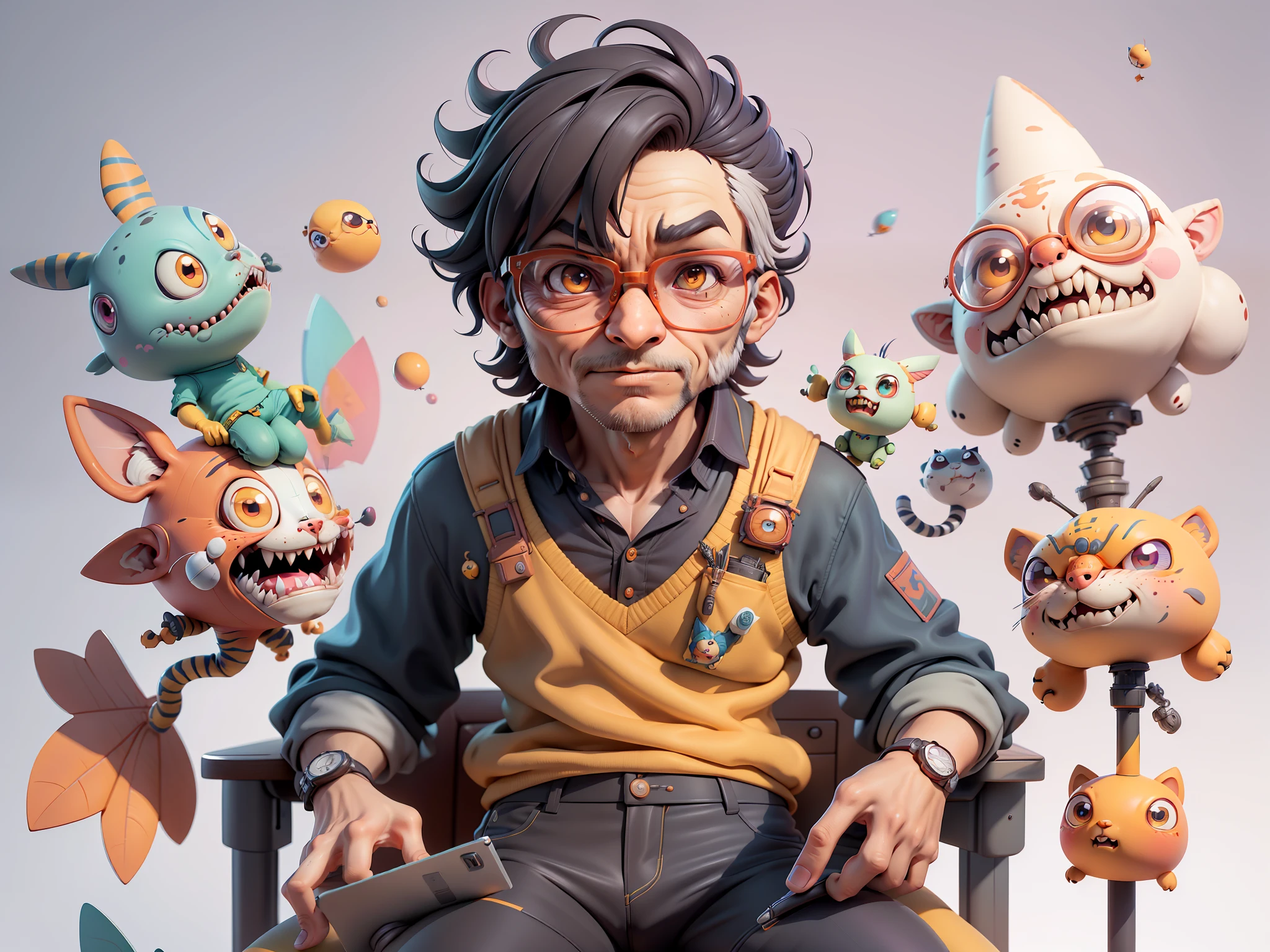 A young man in a suit, Short hair and glasses sat at his desk,holding laptop,digitial painting,tigre,3D character design by Mark Clairen and Pixar and Hayao Miyazaki and Akira Toriyama,4K HD illustration,Very detailed facial features and cartoon-style visuals。