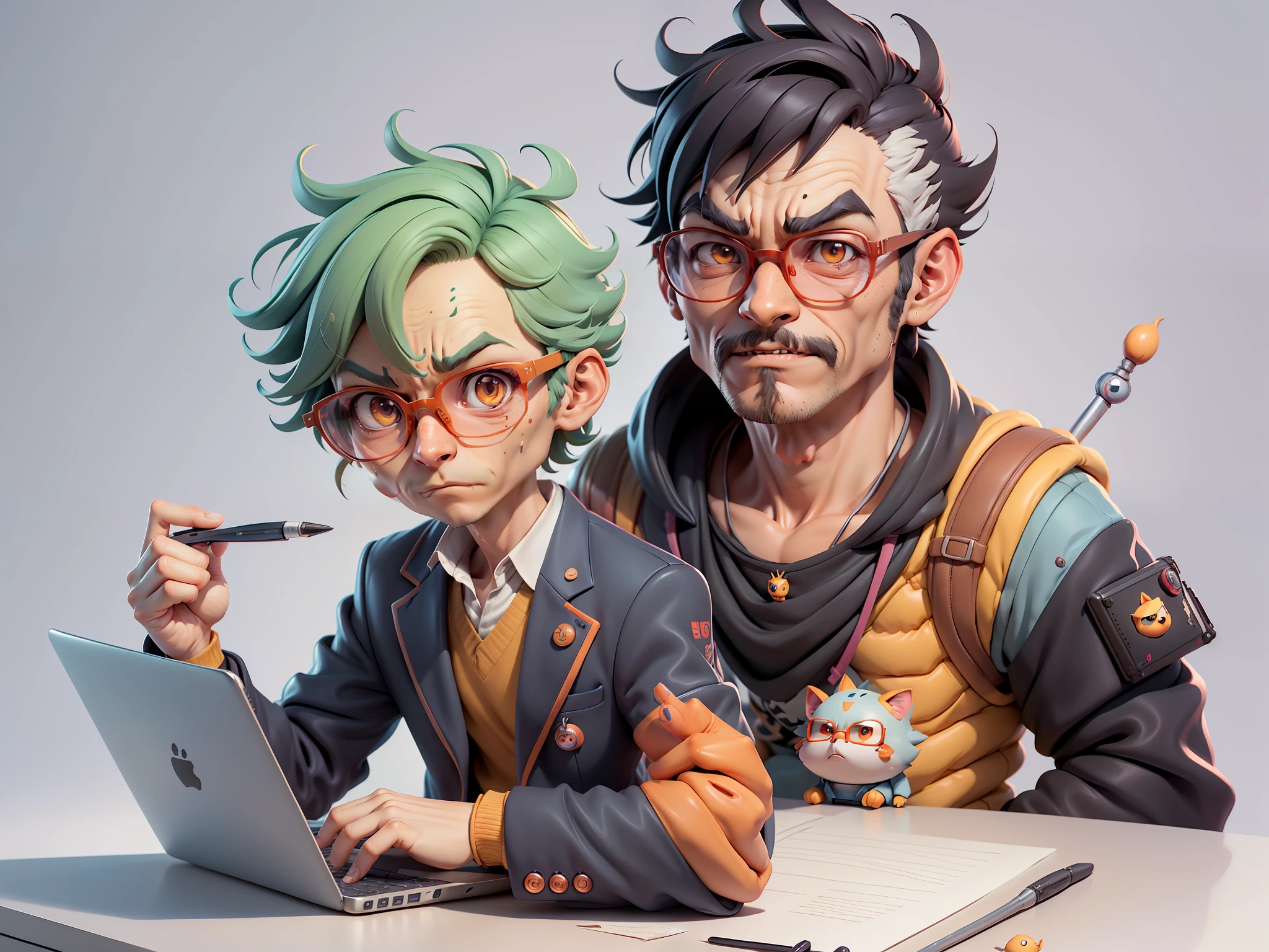 A young man in a suit, Short hair and glasses sat at his desk，holding laptop，digitial painting，tigre，3D character design by Mark Clairen and Pixar and Hayao Miyazaki and Akira Toriyama，4K HD illustration，Very detailed facial features and cartoon-style visuals。