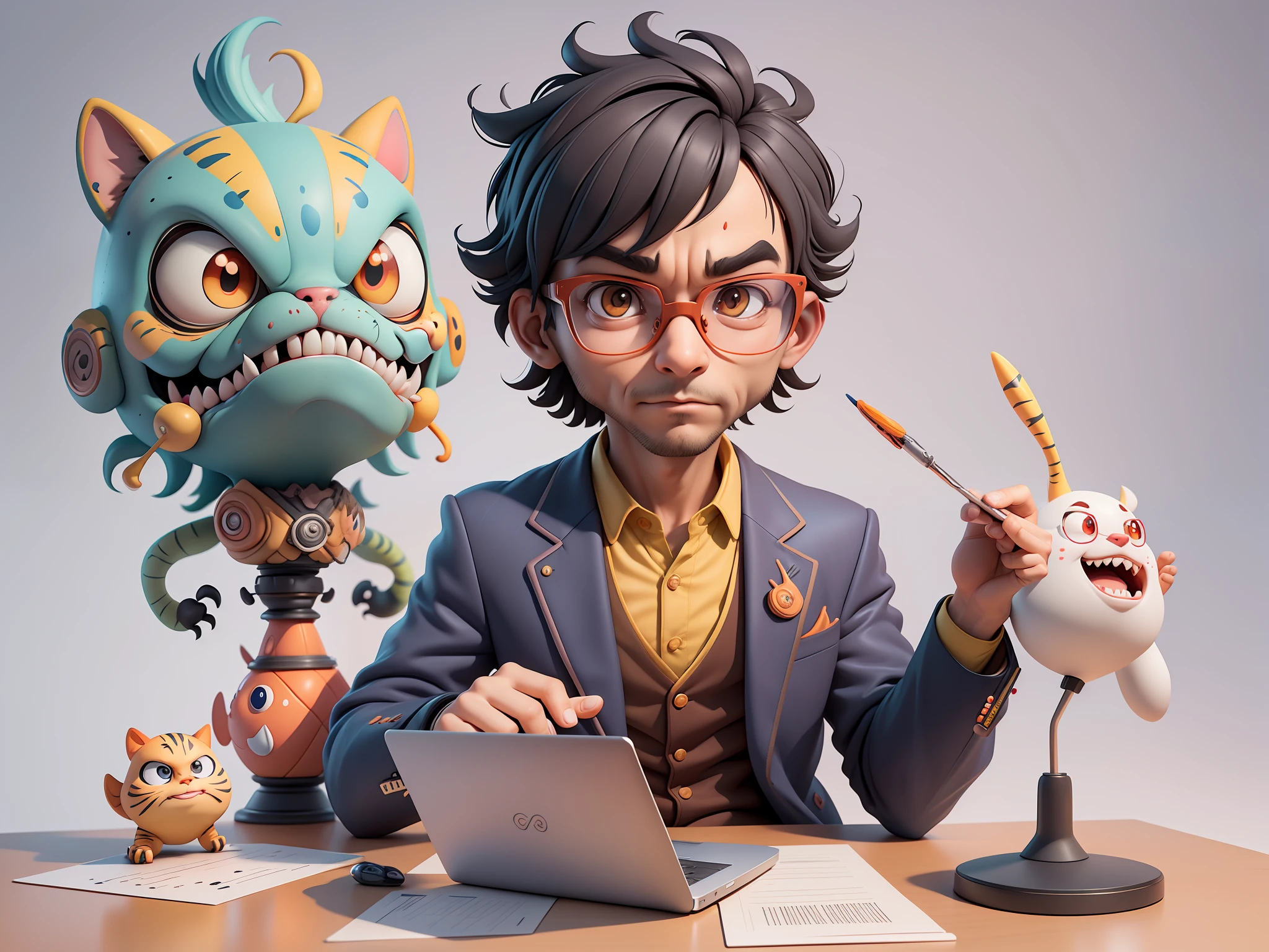 A young man in a suit, Short hair and glasses sat at his desk,holding laptop,digitial painting,tigre,3D character design by Mark Clairen and Pixar and Hayao Miyazaki and Akira Toriyama,4K HD illustration,Very detailed facial features and cartoon-style visuals。