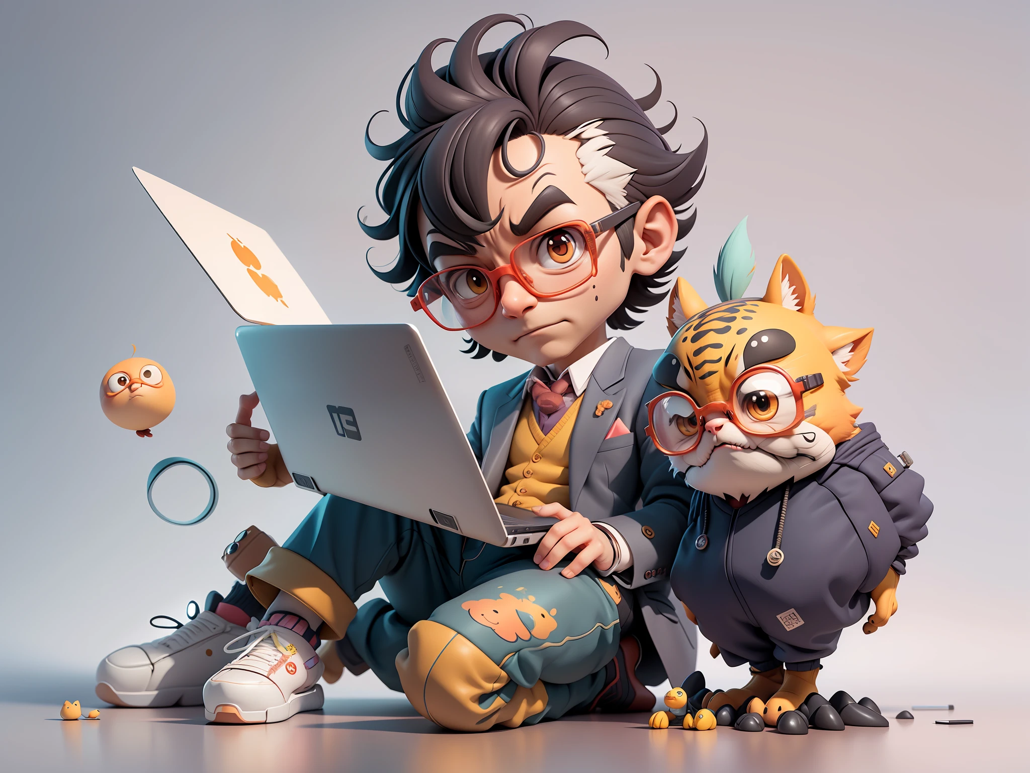 A young man in a suit, Short hair and glasses sat at his desk，holding laptop，digitial painting，tigre，3D character design by Mark Clairen and Pixar and Hayao Miyazaki and Akira Toriyama，4K HD illustration，Very detailed facial features and cartoon-style visuals。