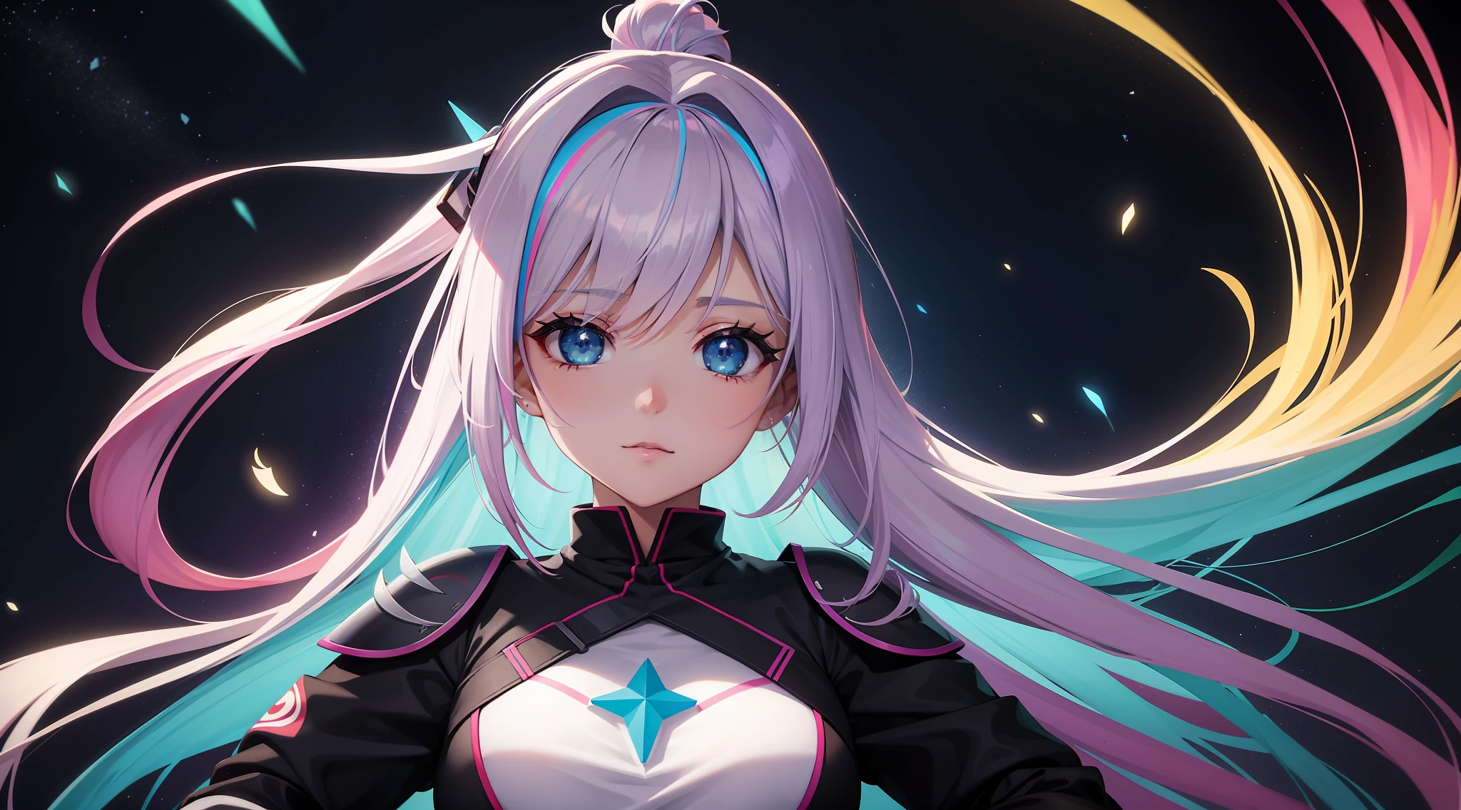 Mulher ninja com fone de ouvido sentido paz, olhos brilhantes com estrela, rosto bonito, cores RGB, cabelo rosa brilhante, colorido anime, fundo brilhante, Banner for youtube video, feliz, nuvens com cores RGB, cores RGB brilhantes, completo, ser celestial, garota gamer..