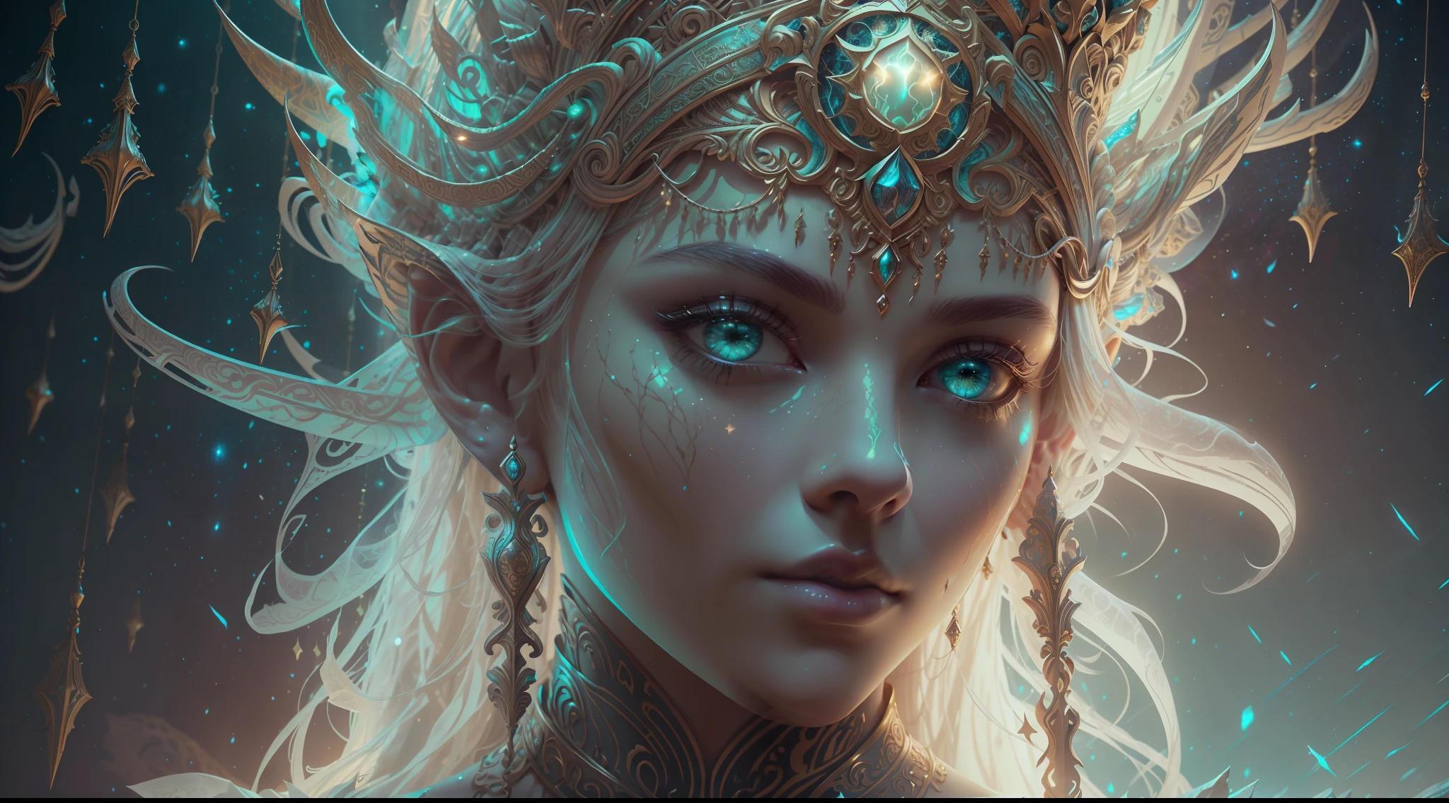 Eldritch, Harsh ancient gods in the night storm, Cloaked in a starry sky, [[Sophia Anne Caruso]], [zendaya], Translucent ivory prosthetic Eldridge horror, Erotic pose, Cinematic lighting, (By (Daniel Mernagh) (Carne Griffiths) Monika Nowak), Highly detailed, Detailed face, Soft body, Alien, Close-up of a goddess with a crown on her head, goddes, The upper part of the body，sideface, a stunning portrait of a goddess, Fantasy art Behance, goddes, Extremely high detail, Trending ArtStation, Deviantart ArtStation CGSCOSIETY, extremely detailed goddess shot, trending on artstation 4k, 3 d goddess portrait, hindu aesthetic, trends in art station