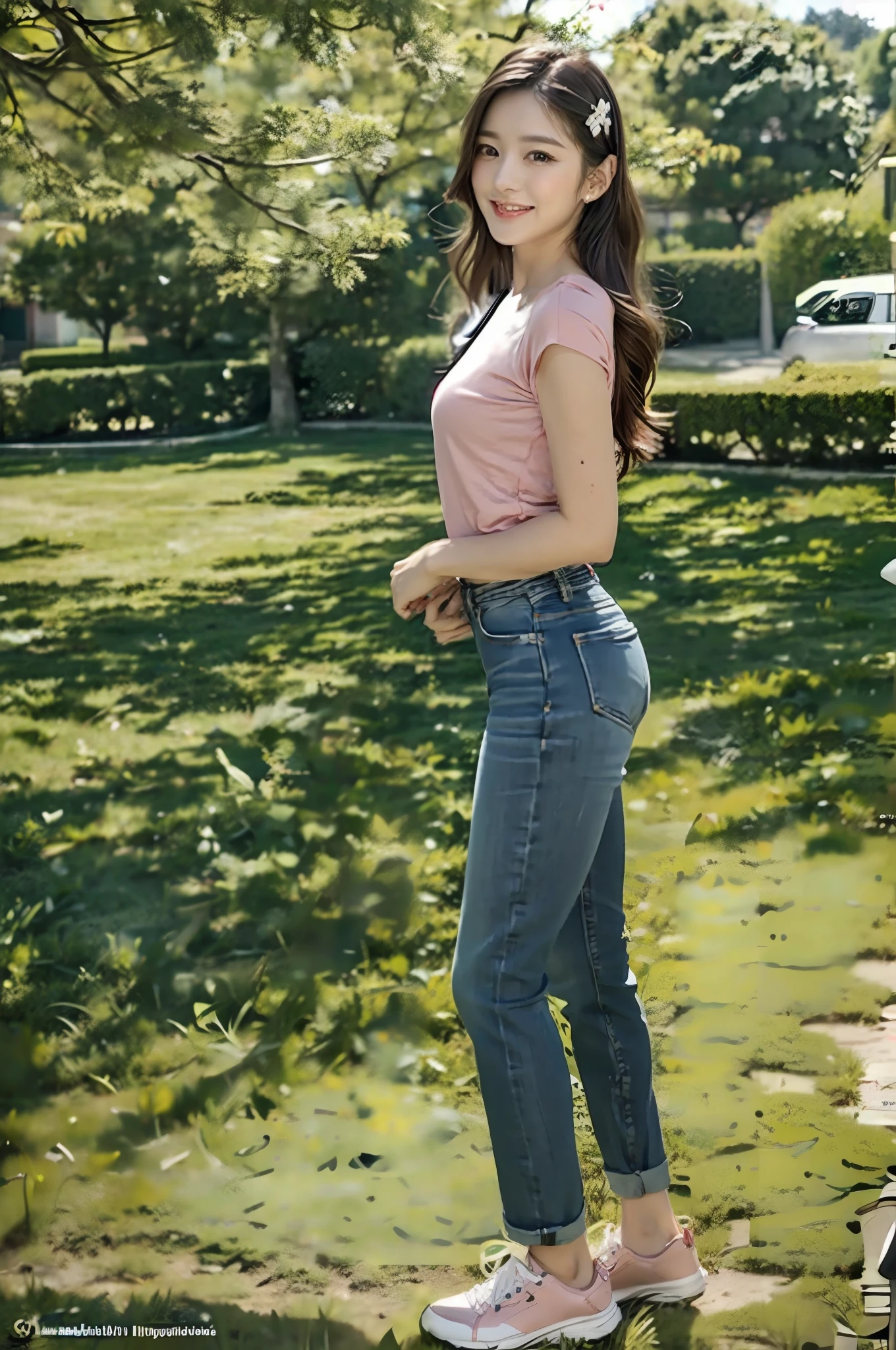(RAW photogr,超高分辨率,tmasterpiece,best qualtiy:1.4),Complicated details,2 20 year old Korean girl,Wear a loose black T-shirt and stylish jeans,Ultra-realistic detailed costumes:1.3,Stand on the grass and take pictures,hugs,Intimate relationships,Detailed meadow,A sweet smile on a small face,The face and skin are pink and fair,Ultra-realistic facial details,Beautiful ribbon hair accessories,Playful and coquettish pose,The calves are straight and slender:1.5,Wear high-end branded colorful travel shoes:1.5,eventide,warm color,Broad lighting,naturalshadow,Shoot from the back,Beautiful waist and hips,taking a full body photo:1.8