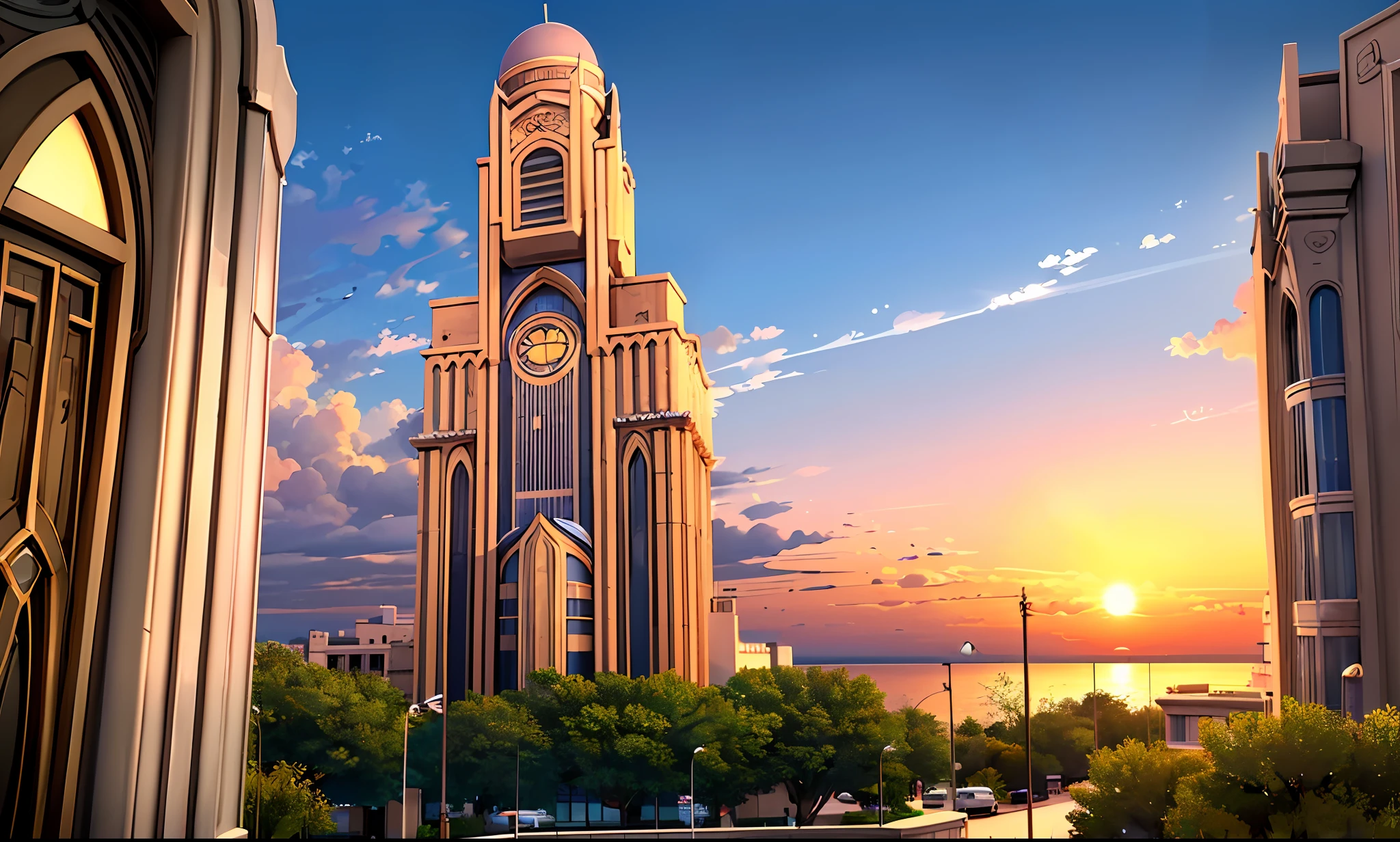 Modern Islamic-style tower of marble stones towering at sunset on the shores of Tripoli, Libya, It has a subtle light on the edges, Large windows and large door. There is a luxury car in front of the tower.