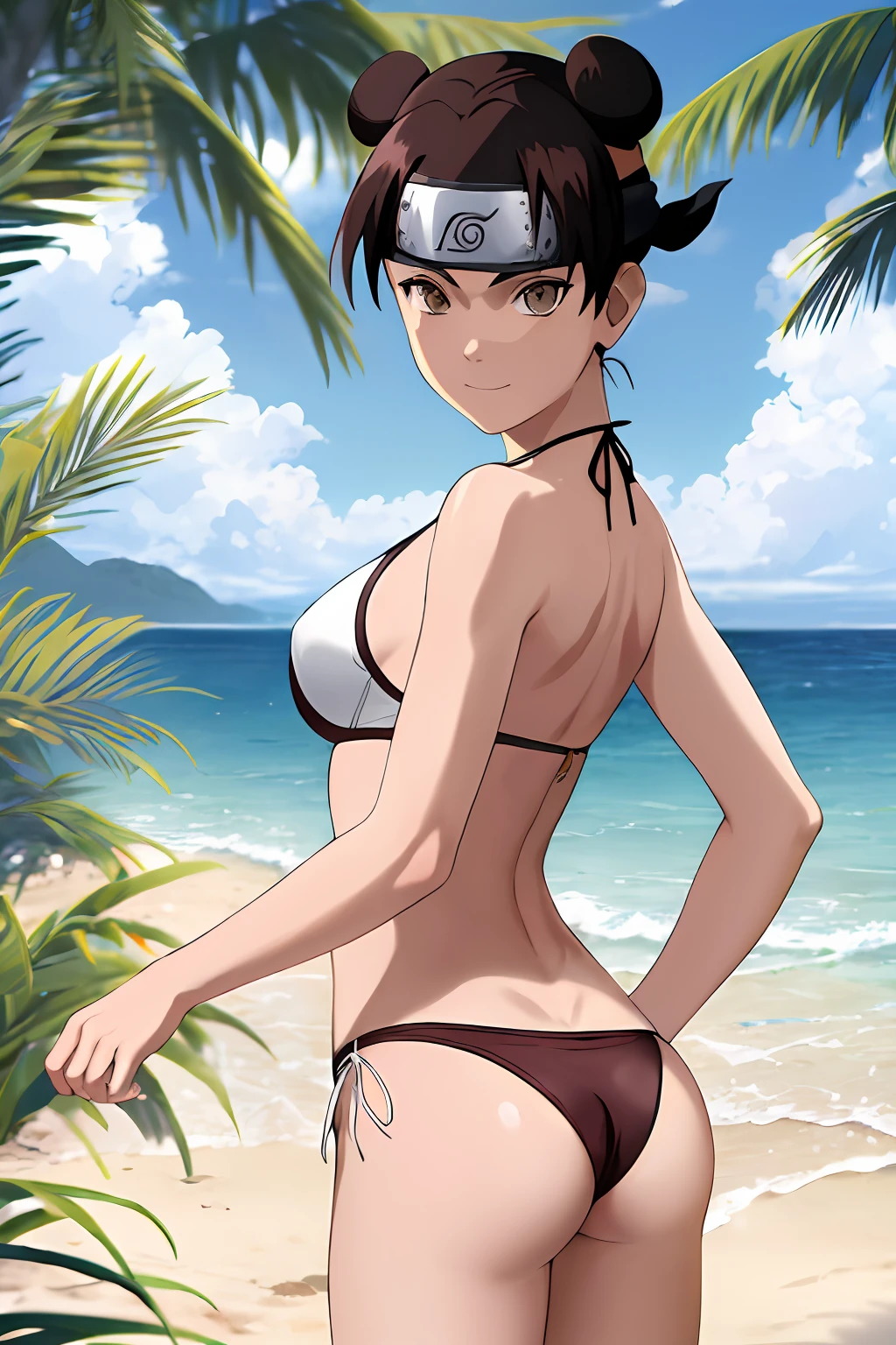 masterpiece, absurdres , (intricate details), (colorful),cinematic lighting,bust shot,extremely detailed CG unity 8k wallpaper, tenten\(shippuden\), 1girl, solo, forehead protector,konohagakure symbol, headband,  ((white thong bikini)), looking at viewer,cloudy sky, palm tree, beach, ocean, sunlight, sand, charming smile, ass