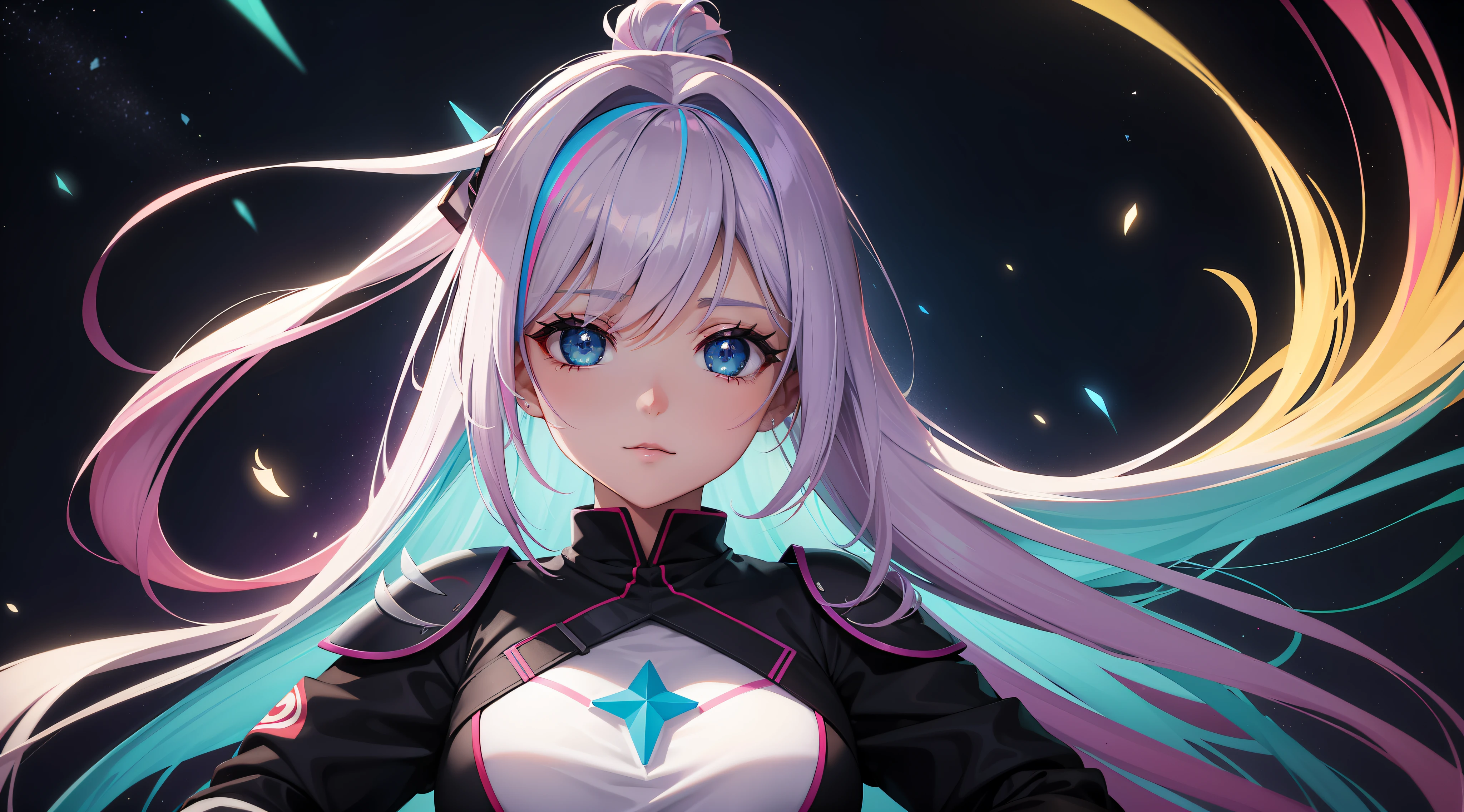 Mulher ninja com fone de ouvido sentido paz, olhos brilhantes com estrela, rosto bonito, cores RGB, cabelo rosa brilhante, colorido anime, fundo brilhante, Banner for youtube video, menina feliz, nuvens com cores RGB, cores RGB brilhantes, completo, ser celestial, garota gamer..