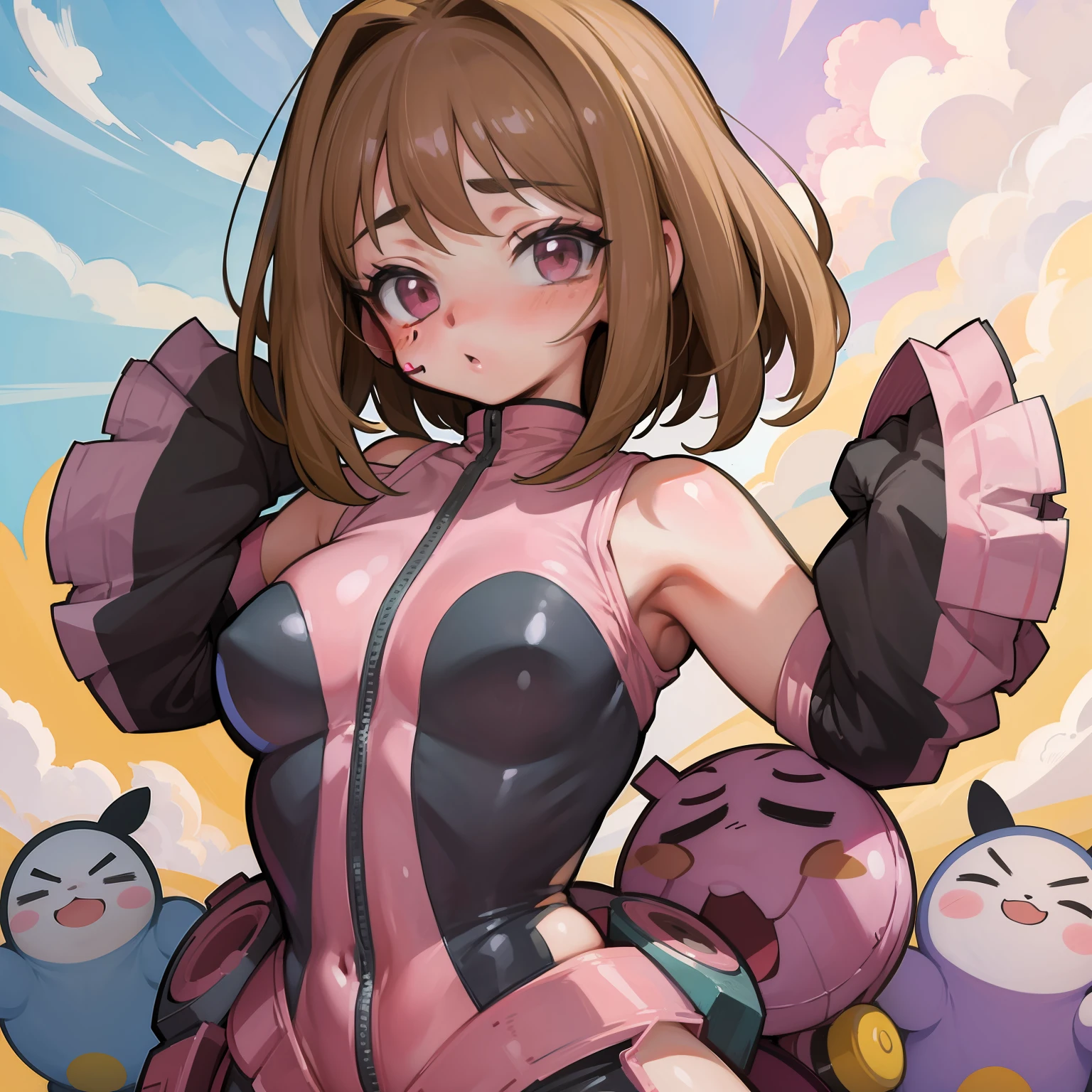 masterpiece, best quality, uraraka ochako,urarakahero bodysuit, (arms behind back), upper body, blush, blush stickers,