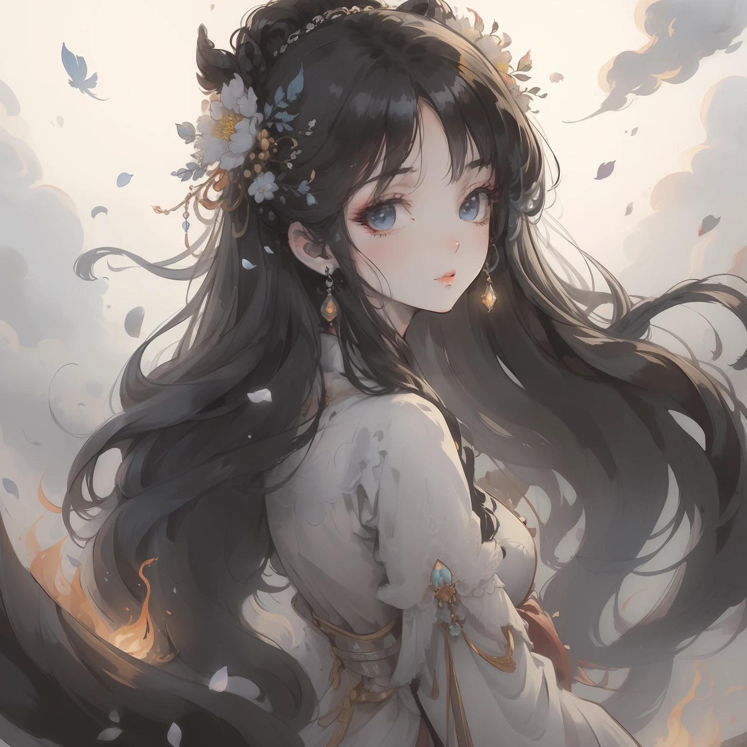 masterpiece, exquisite, illustration, {beautiful and meticulous girl}, beautiful and detailed halo, (fire of war: 1.2), (nuclear explosion behind: 1.3), rain, detailed lighting, detail water, (beautiful and detailed eyes: 1.1), expressionless, palace, sky blue hair, scattered hair, long bangs, eyebrows, (white-gray dress: 1.1), black ribbon, white bow tie, upper abdomen, big forehead, dull, flower, long sleeves