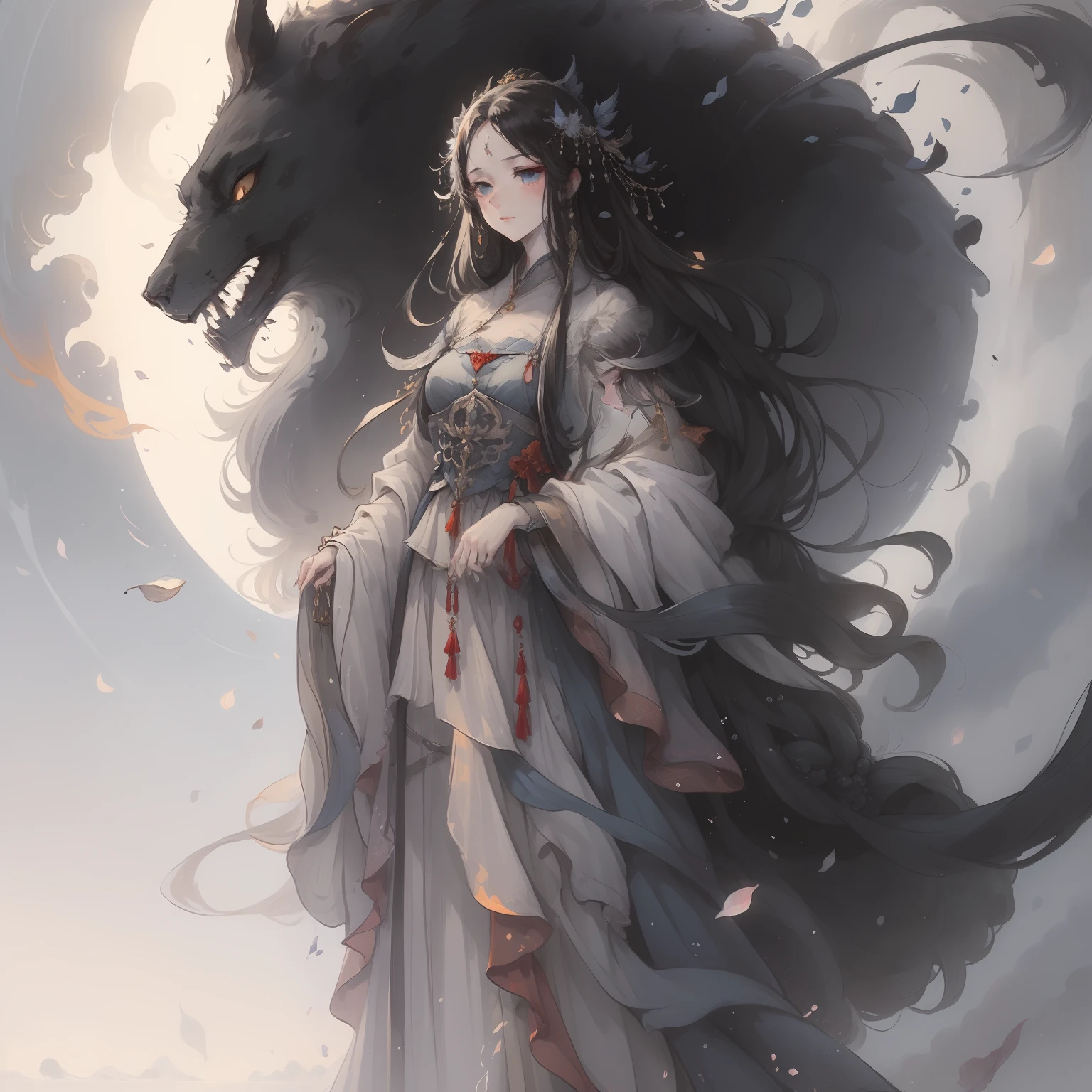 masterpiece, exquisite, illustration, {beautiful and meticulous girl}, beautiful and detailed halo, (fire of war: 1.2), (nuclear explosion behind: 1.3), rain, detailed lighting, detail water, (beautiful and detailed eyes: 1.1), expressionless, palace, sky blue hair, scattered hair, long bangs, eyebrows, (white-gray dress: 1.1), black ribbon, white bow tie, upper abdomen, big forehead, dull, flower, long sleeves