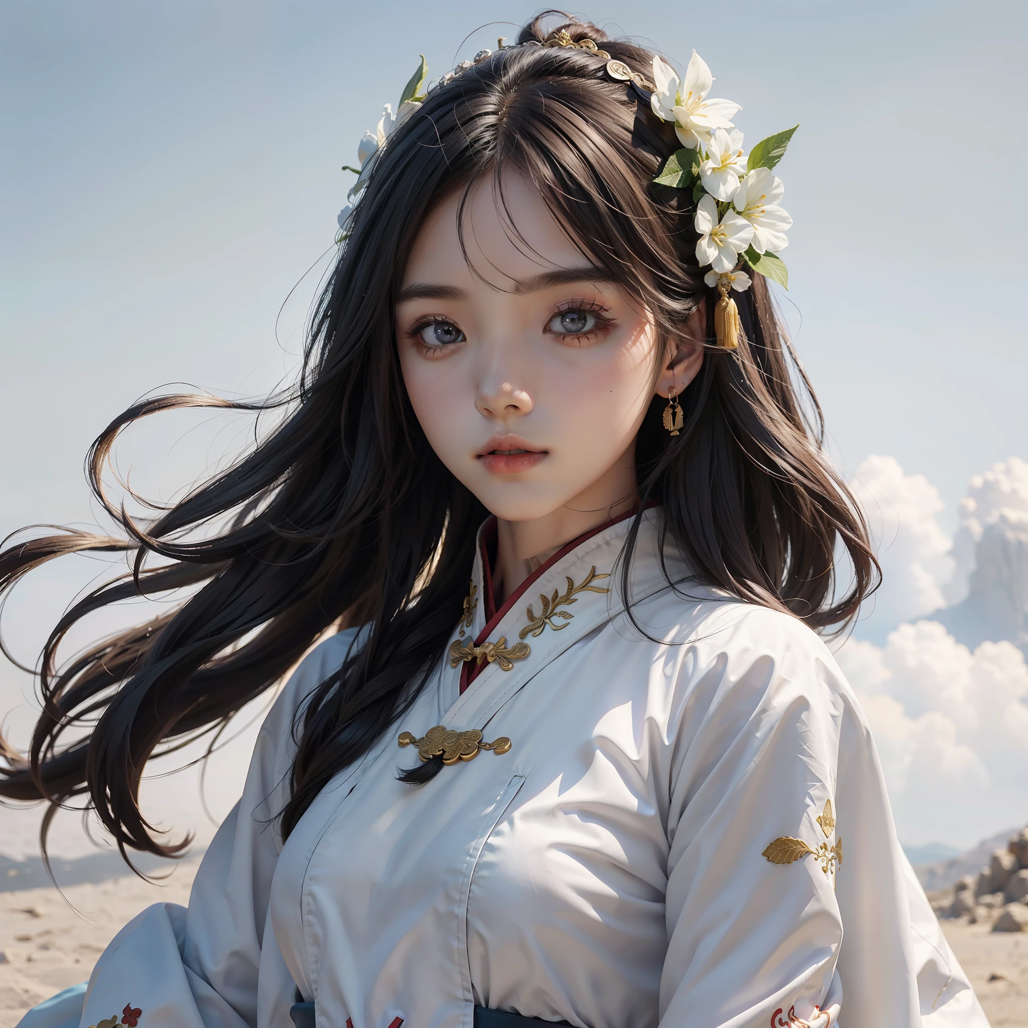 A girl, ancient Chinese costume, sunshine, clear face, clean white background, masterpiece, super detail, epic composition, ultra HD, high quality, extremely detailed, official art, uniform 8k wallpaper, super detail, 32k -- v 6