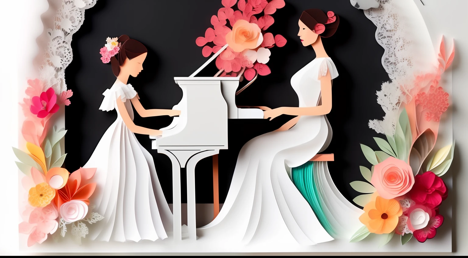 Multilayered, Multidimensional Cutout Craft, paper illustration, paper quilling, 3D, giraffe, an elephant, equine, pecora, ２Cats, ２Dog, 8 birds in flight, Face hidden in hair, Hand and finger correction, ((white lace long dress)), Long black hair below the knee, 12-year-old daughter playing piano keys gracefully, Rear view, backs, Bright colors throughout, PastelColors