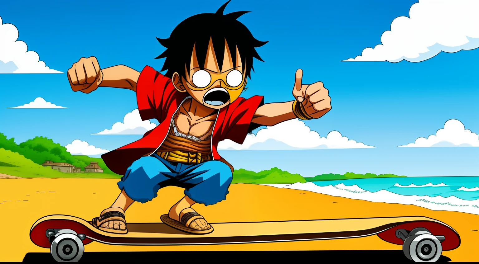 Luffy riding a skateboard and sunglasses