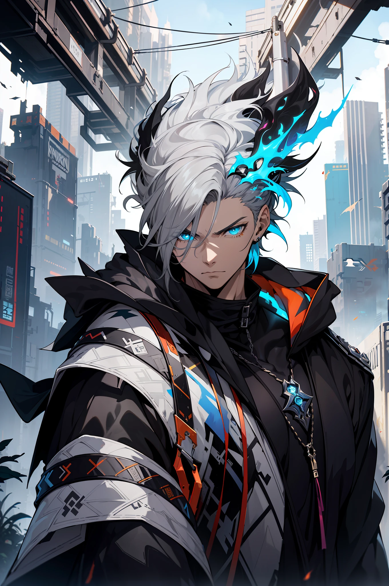 Cyberpunk male，fansty world，background inside dark，Clean design，Epic Instagram，artstation，Colorful paint splashes，contours，Hyper-detailed intricate details，unreal-engine，fanciful，Complicated details，splash image，complementary colours，fantasy concept art，8K分辨率，A masterpiece of deviantart，oil painted，Heavy strokes，paint drips，（Isolate on a white background：1.3），Rainbow skins，(((A handsome young))), ((teenage:1.5)), (glow blue eyes), ((Eyes have light))，((((Short gray hair:1.1))), ((black-clad)), (prinz\\(Indifferent expression\\),, (((Wearing a luxurious black robe with high details))), A head of white hair，flame magic，((chest muscle) --v 6