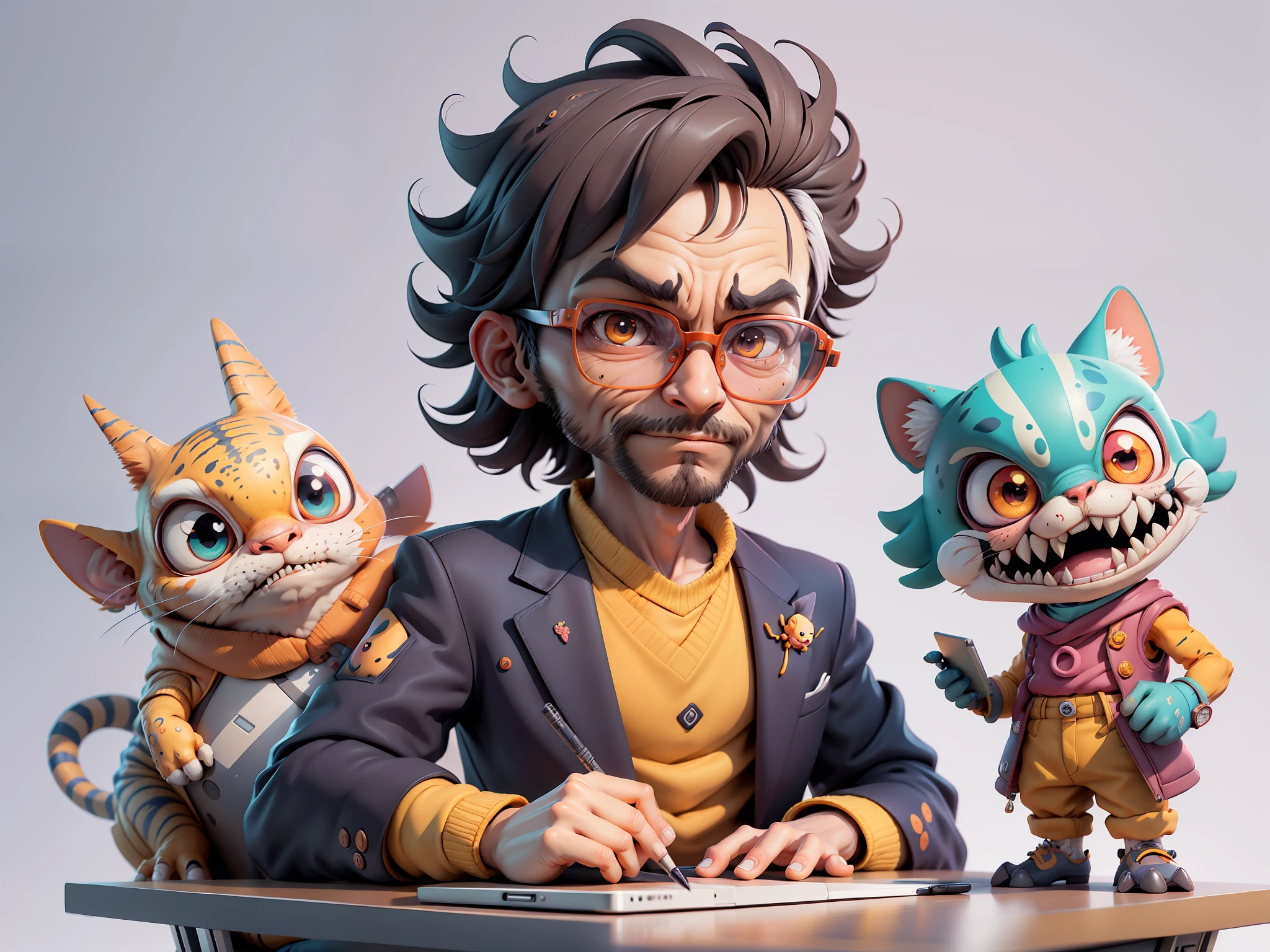 A young man in a suit, Short hair and glasses sat at his desk，holding laptop，digitial painting，tigre，3D character design by Mark Clairen and Pixar and Hayao Miyazaki and Akira Toriyama，4K HD illustration，Very detailed facial features and cartoon-style visuals。