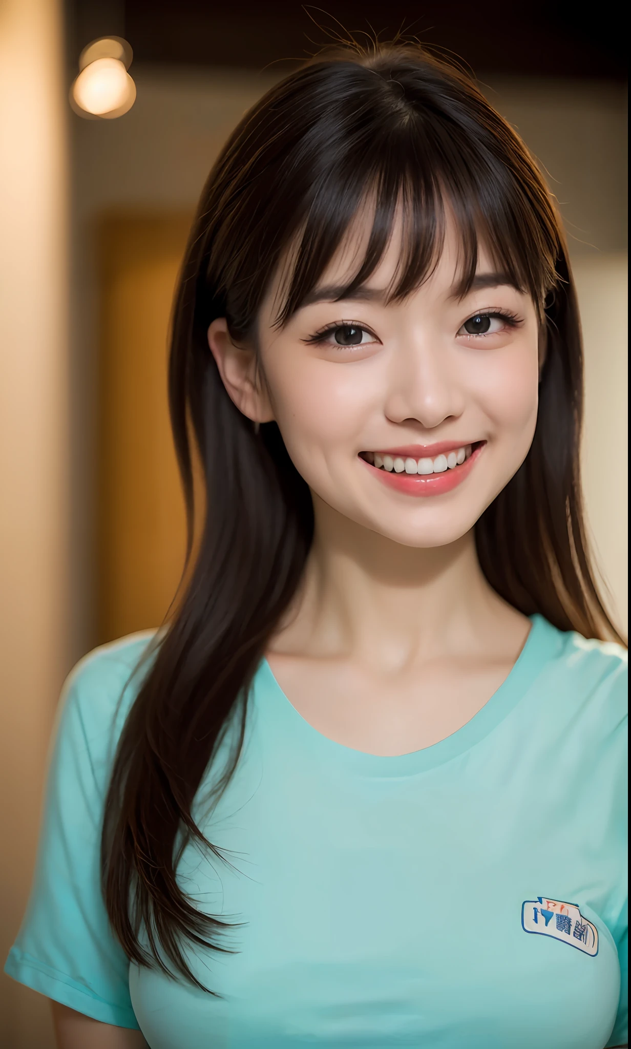 (8K, Raw photography,top-quality, hight resolution:1.1), (hyper realisitic:1.4),(realisitic, Photorealsitic:1.3), Soft light,large full breasts,girl with,Lifelike face,Realistic body,real looking skin,absurderes,masterpiece,(cute little:1.8), Cuties, 独奏, (huge-breasted:1.2), Detailed black eyes,Innocent eyes,blusher,(tshirts:1.2),Cinema Lights,Film grain,jewely,耳Nipple Ring,((Medium Hair:1.1)),((Floating Hair Nova FrogStyle)),cherry colored lips,Hair Ribbon,Hair Bow,poneyTail,a closeup,looking at viewert,length hair, The upper part of the body, Open lips, Upper teeth, (smile eyes:0.6), ((Grinning:1.2)),depth of fields, blurry backround, eyes focus, Bokeh,年轻, 85mm lens, F/1.4,professionally lit, 年轻,portlate,Photon mapping,Radio City,physically-based renderingt,no-bra、japanes、valley