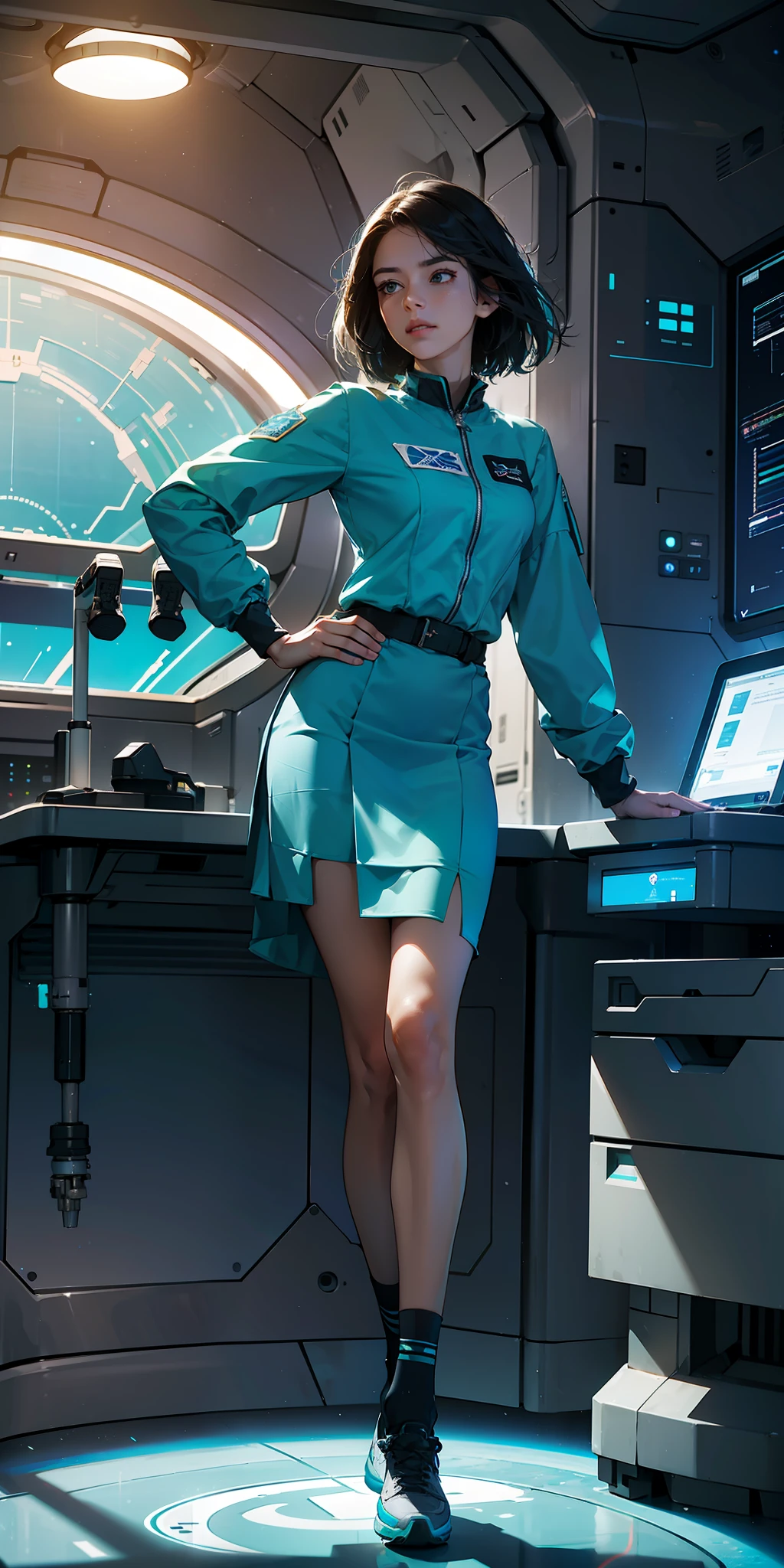 a confident woman stands leaning against a desk in a futuristic science lab, turquoise uniform, skirt above the knee, both legs visible, two feet, feet on the ground, skirt, scientist, wearing shoes, feet separate, detailed face, good face, confident expression, confidence, head slightly tilted back, looking down on the viewer, space station interior, metal surfaces