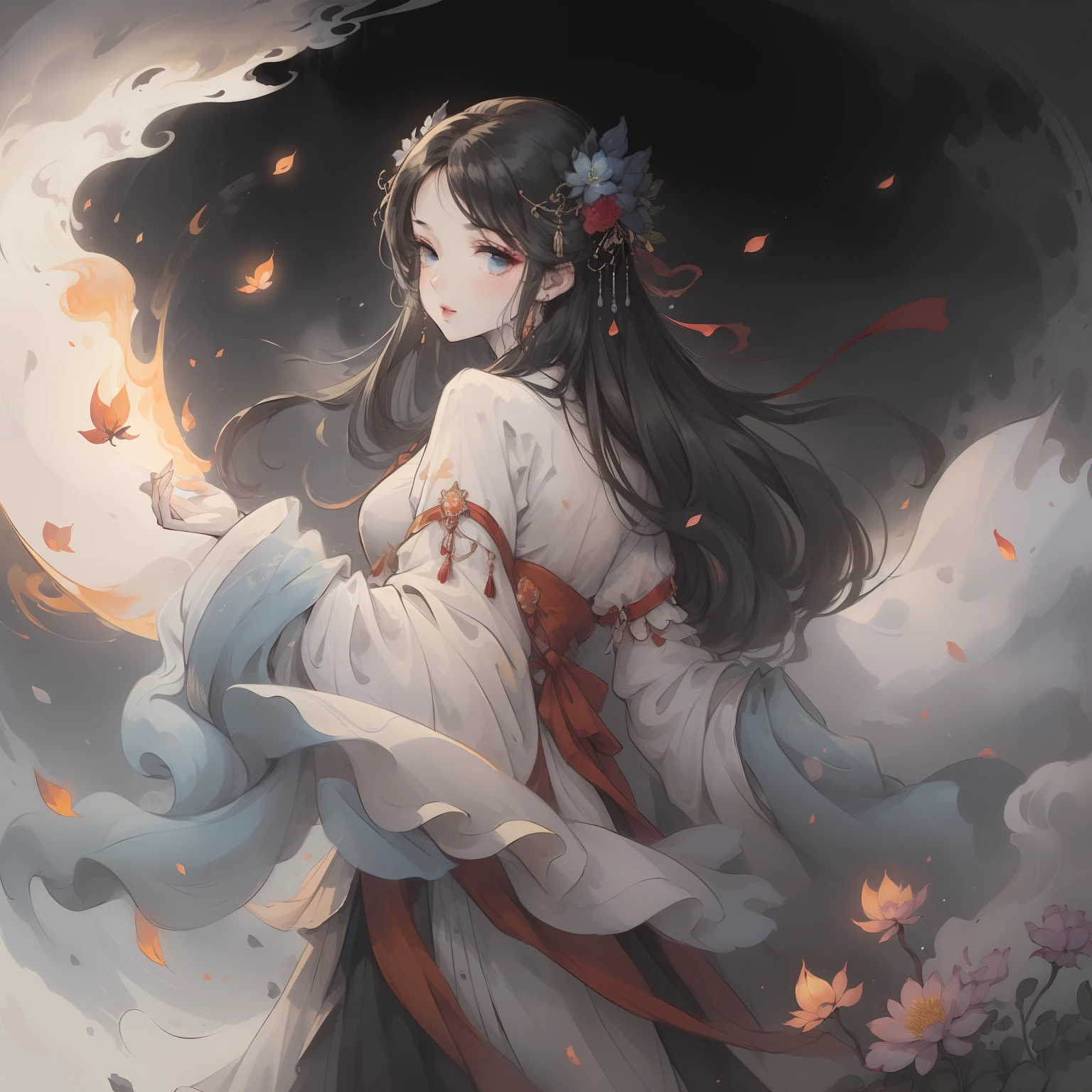 masterpiece, exquisite, illustration, {beautiful and meticulous girl}, beautiful and detailed halo, (Fire of War: 1.2), (Nuclear explosion in the background: 1.3), rain, detailed lighting, detail water, (beautiful and detailed eyes: 1.1), expression, palace, sky blue hair, scattered hair, long bangs, eyebrows, (white-gray dress: 1.1), black ribbon, white bow tie, upper abdomen, big forehead, dull, flowers, long sleeves