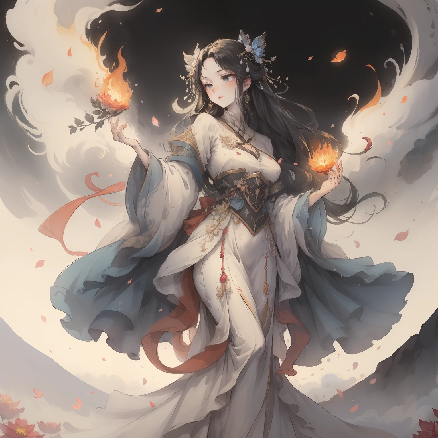 masterpiece, exquisite, illustration, {beautiful and meticulous girl}, beautiful and detailed halo, (Fire of War: 1.2), (Nuclear explosion in the background: 1.3), rain, detailed lighting, detail water, (beautiful and detailed eyes: 1.1), expression, palace, sky blue hair, scattered hair, long bangs, eyebrows, (white-gray dress: 1.1), black ribbon, white bow tie, upper abdomen, big forehead, dull, flowers, long sleeves