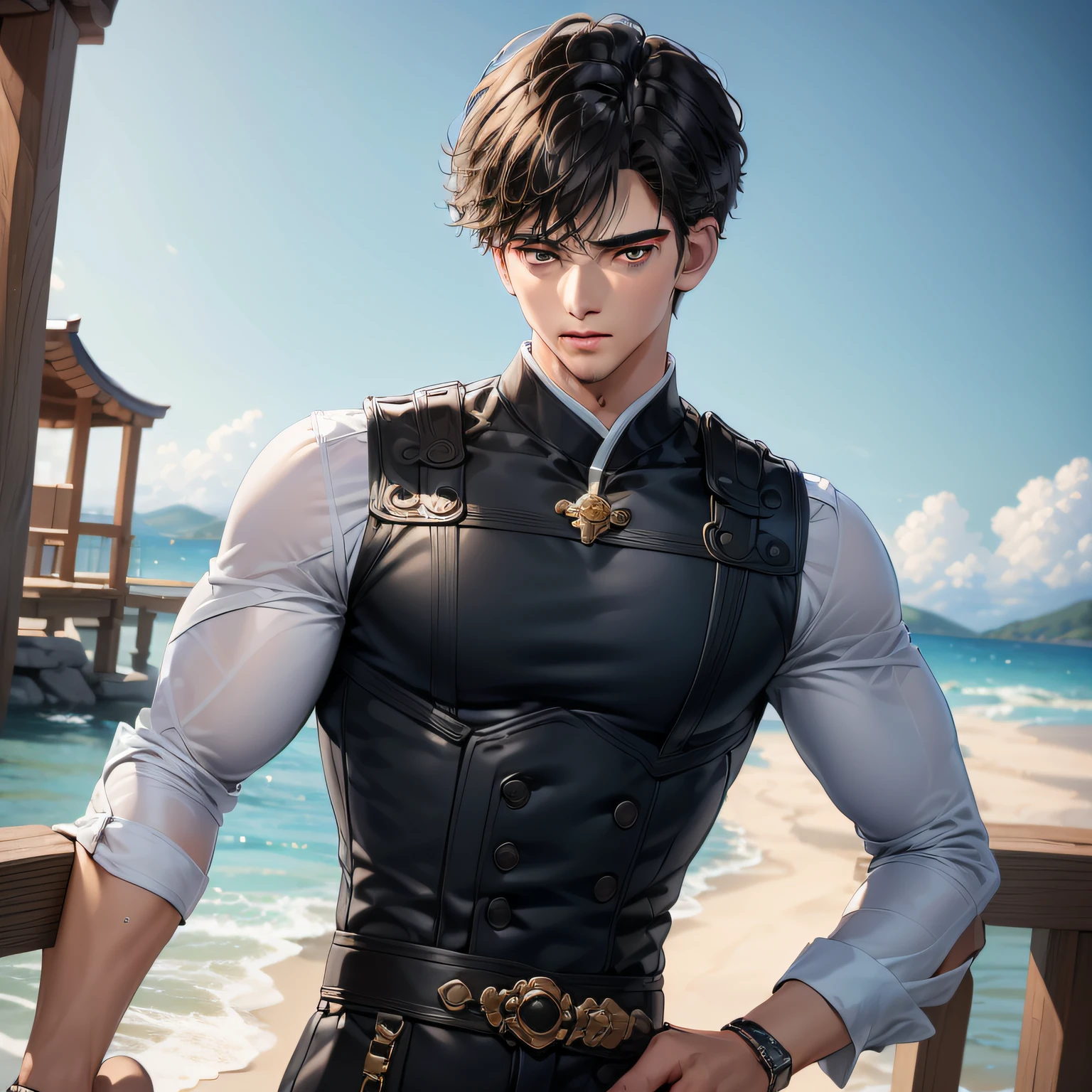(in 8K、top-quality、​masterpiece:1.2)、1 boy、short-haired、Hair short、Brown-skinned、