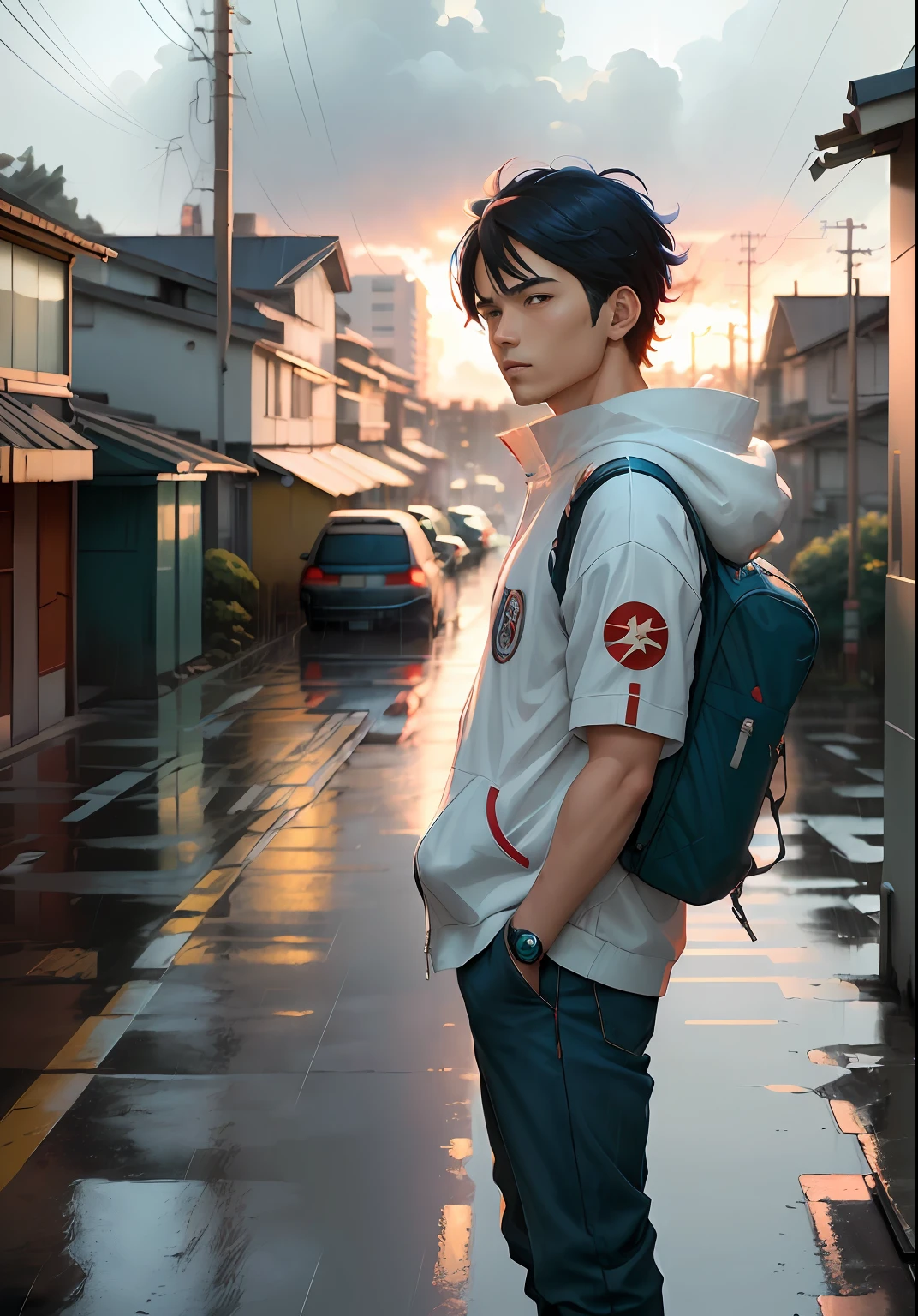 realista, vida real, Hermoso chico de cabello azul parado en un techo mirando hacia abajo a una ciudad debajo, High school uniform Coreaño Blanco wears, extremadamente detallado por Greg Rutkowski Makoto Shinkai Kyoto Animation Key Art Feminine Mid Shot, ((Rainy Day, cielo nublado)), Laurie Greasley's Estilo, Estudio Ghibli, Akira Toriyama, James Gilleard, Impacto de Genshin, Trending Pixiv Fanbox, acrylic palette knife, 4k, colores vibrantes, Devinart, tendencias en Artstation