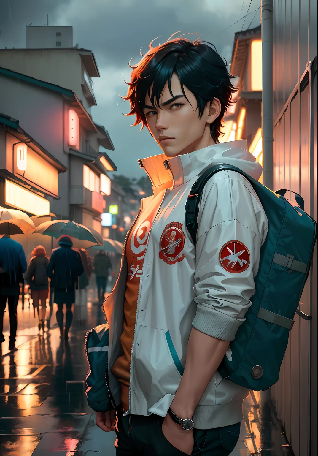realista, vida real, Hermoso chico de cabello azul parado en un techo mirando hacia abajo a una ciudad debajo, High school uniform Coreaño Blanco wears, extremadamente detallado por Greg Rutkowski Makoto Shinkai Kyoto Animation Key Art Feminine Mid Shot, ((Rainy Day, cielo nublado)), Laurie Greasley's Estilo, Estudio Ghibli, Akira Toriyama, James Gilleard, Impacto de Genshin, Trending Pixiv Fanbox, acrylic palette knife, 4k, colores vibrantes, Devinart, tendencias en Artstation