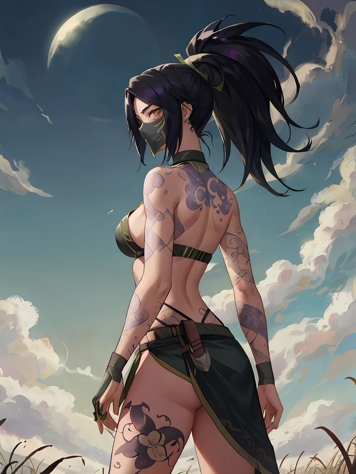 sky, field, grass, akali, league of legends, 1girl, arm tattoo, ass, back, back tattoo, backlighting, black hair, breasts, brown eyes, butt crack, choker, dragon tattoo, eyeliner, full moon, kunai, looking at viewer, makeup, mask, moon, mouth mask, nail polish, , open clothes, ponytail, shoulder tattoo, solo, tattoo, lewd, nsfw