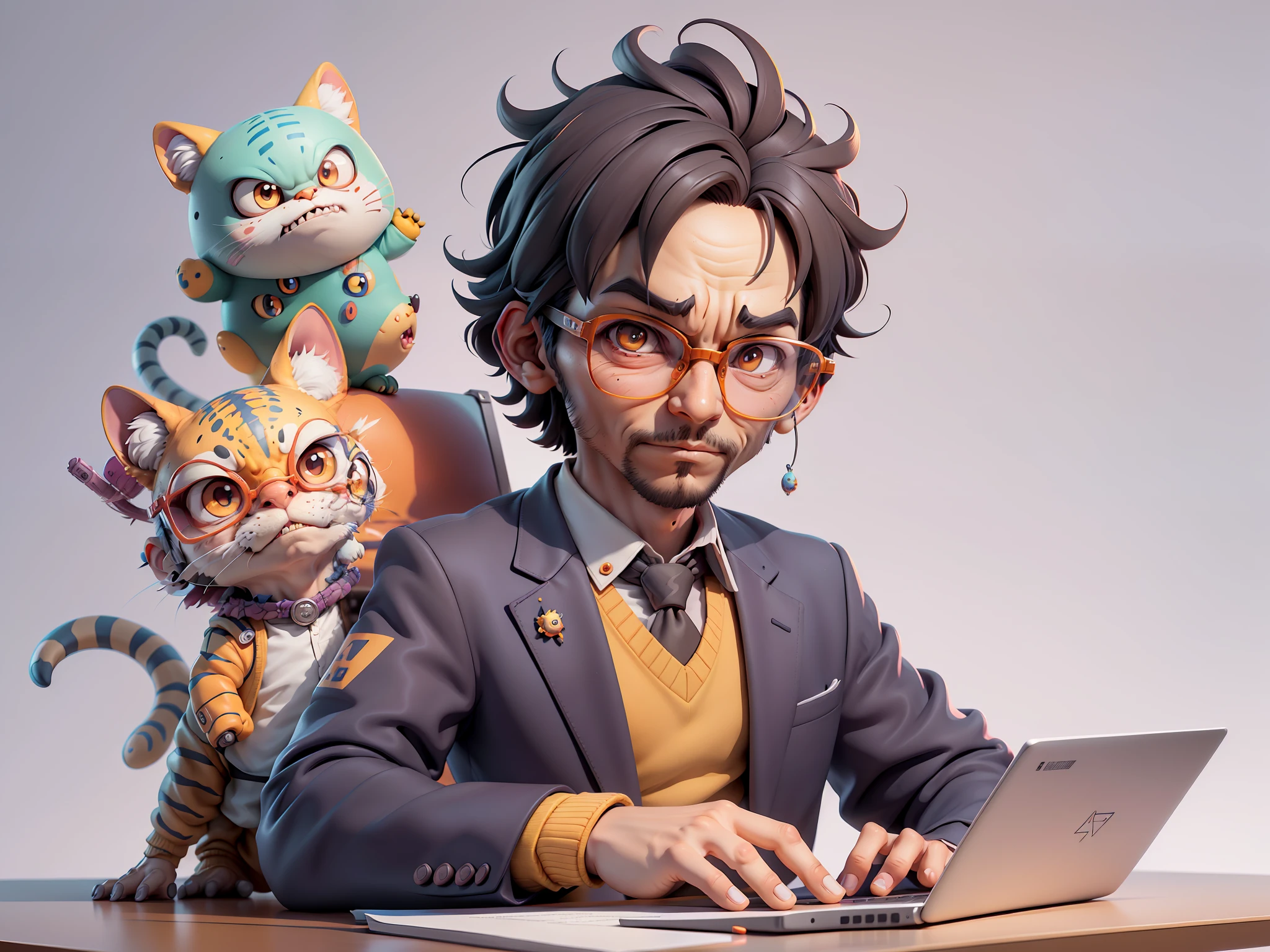 A young man in a suit, Short hair and glasses sat at his desk，holding laptop，digitial painting，tigre，3D character design by Mark Clairen and Pixar and Hayao Miyazaki and Akira Toriyama，4K HD illustration，Very detailed facial features and cartoon-style visuals。
