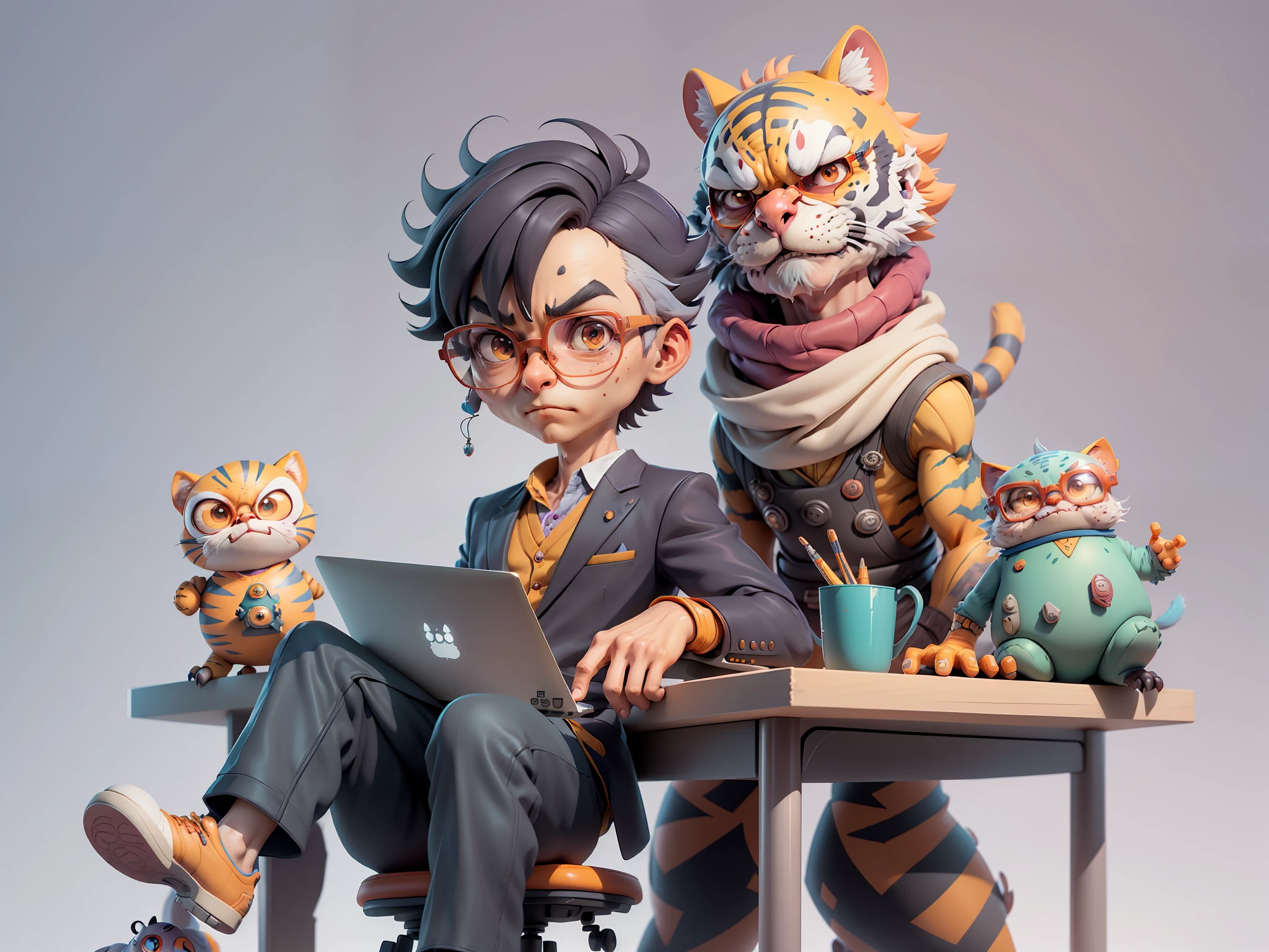 A young man in a suit, Short hair and glasses sat at his desk，holding laptop，digitial painting，tigre，3D character design by Mark Clairen and Pixar and Hayao Miyazaki and Akira Toriyama，4K HD illustration，Very detailed facial features and cartoon-style visuals。