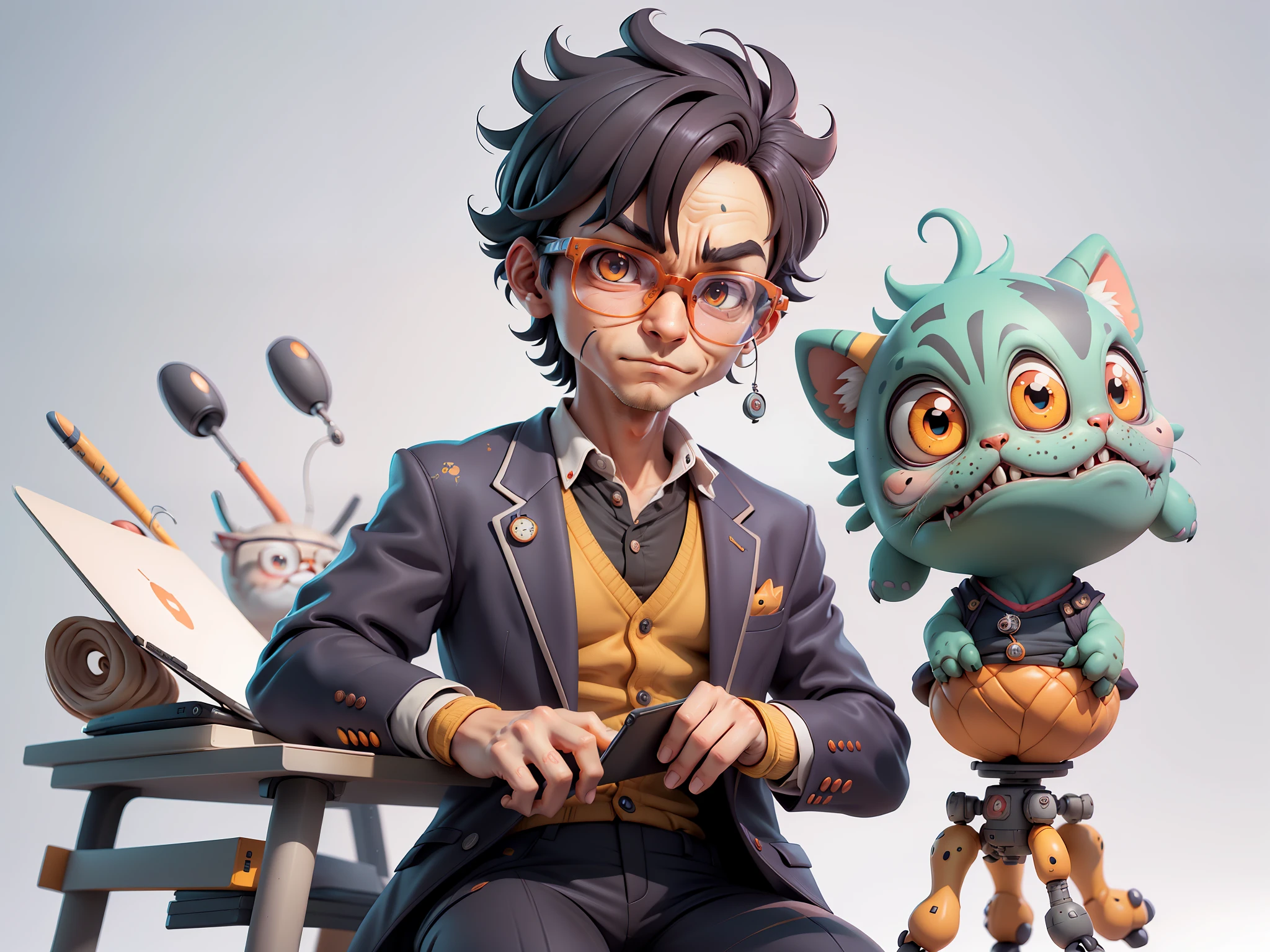 A young man in a suit, Short hair and glasses sat at his desk,holding laptop,digitial painting,tigre,3D character design by Mark Clairen and Pixar and Hayao Miyazaki and Akira Toriyama,4K HD illustration,Very detailed facial features and cartoon-style visuals。