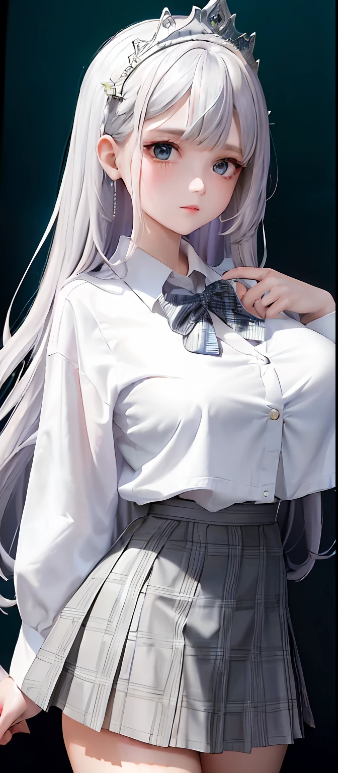 1girll, (Masterpiece:1.1), (Best quality:1.1), (White blouse:1.1), (checkered skirt:1.1), school uniform, high waisted skirt, Break [Blue:Pink:0.5] Theme, (Gradient background:1.1), Cowboy shot, Break Silver Hair, Long hair, , Green eyes, intricate detailed tiara, Looks to the side,huge tit，dewpoint