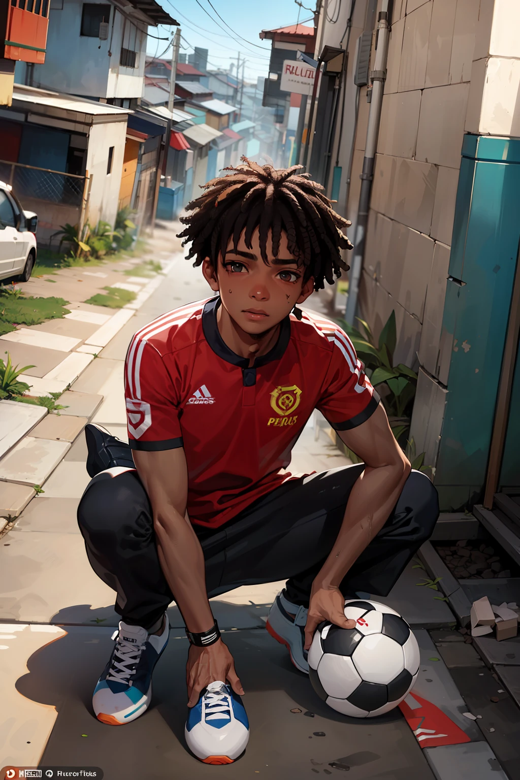 Poor dirty black boy who lives in the favela of Rio de Janeiro with a soccer ball in his hand like Vinicius Junior